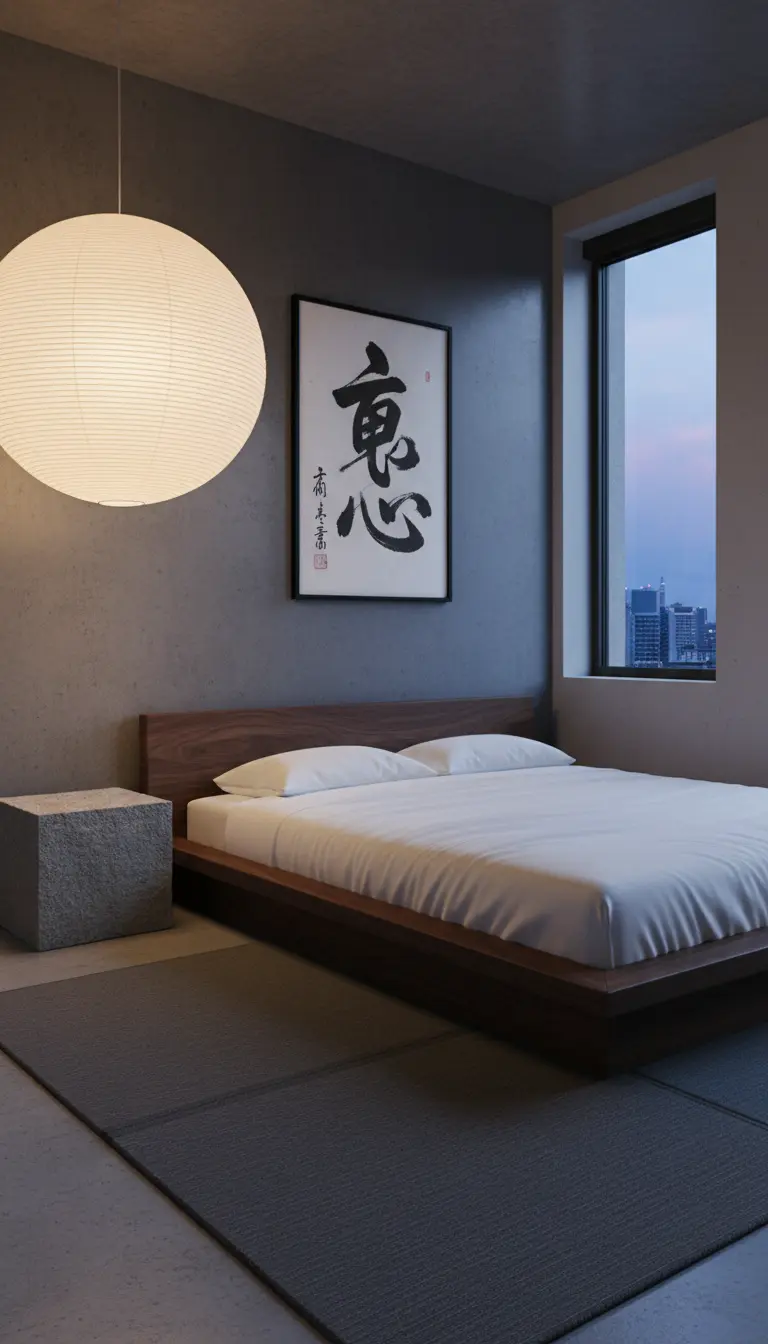 Letto basso in noce contro una parete effetto cemento, illuminato da una grande lanterna di carta.