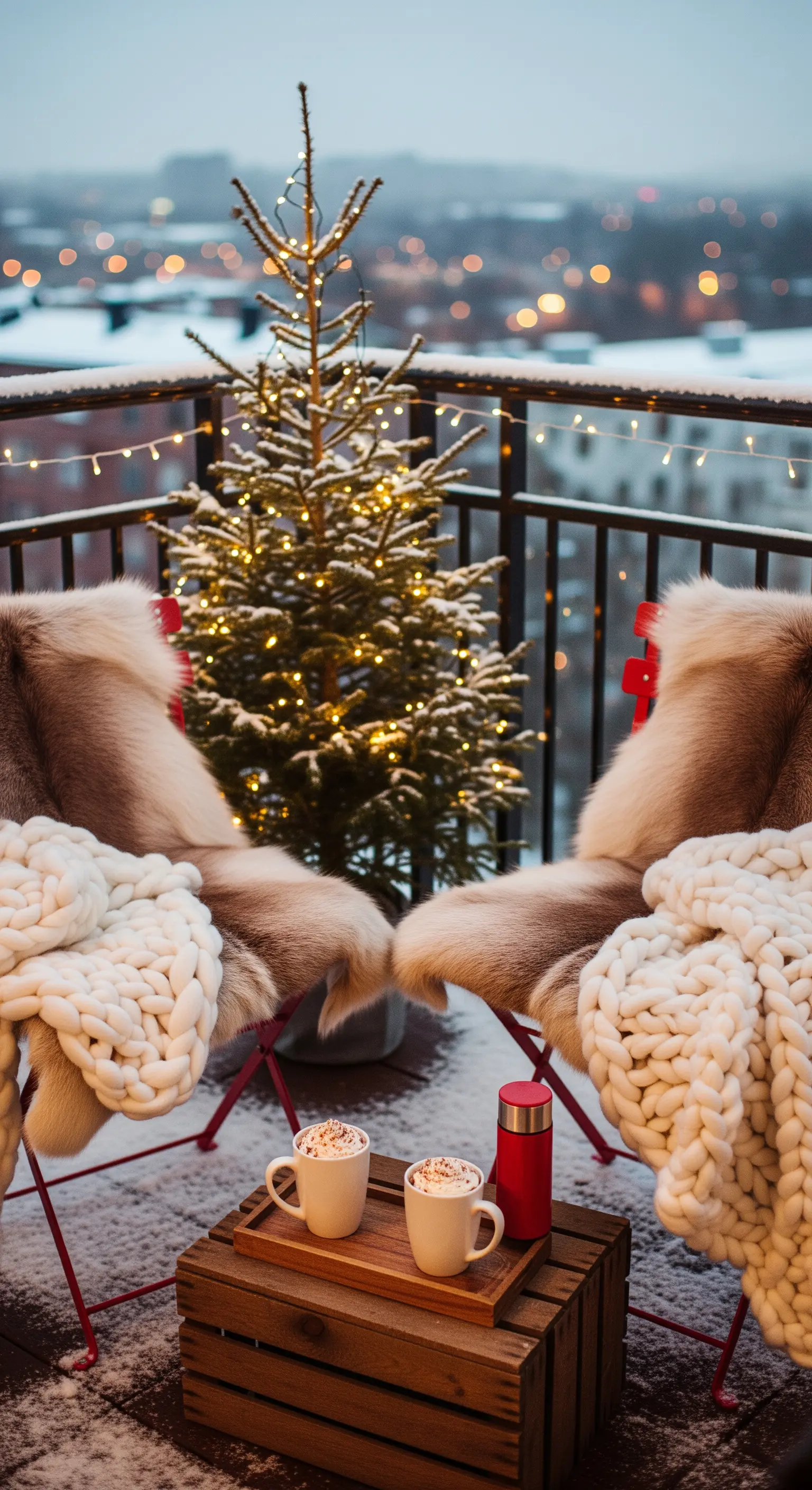 Balcone innevato con sedie ricoperte di pelliccia, coperte bianche e un piccolo albero di Natale illuminato.