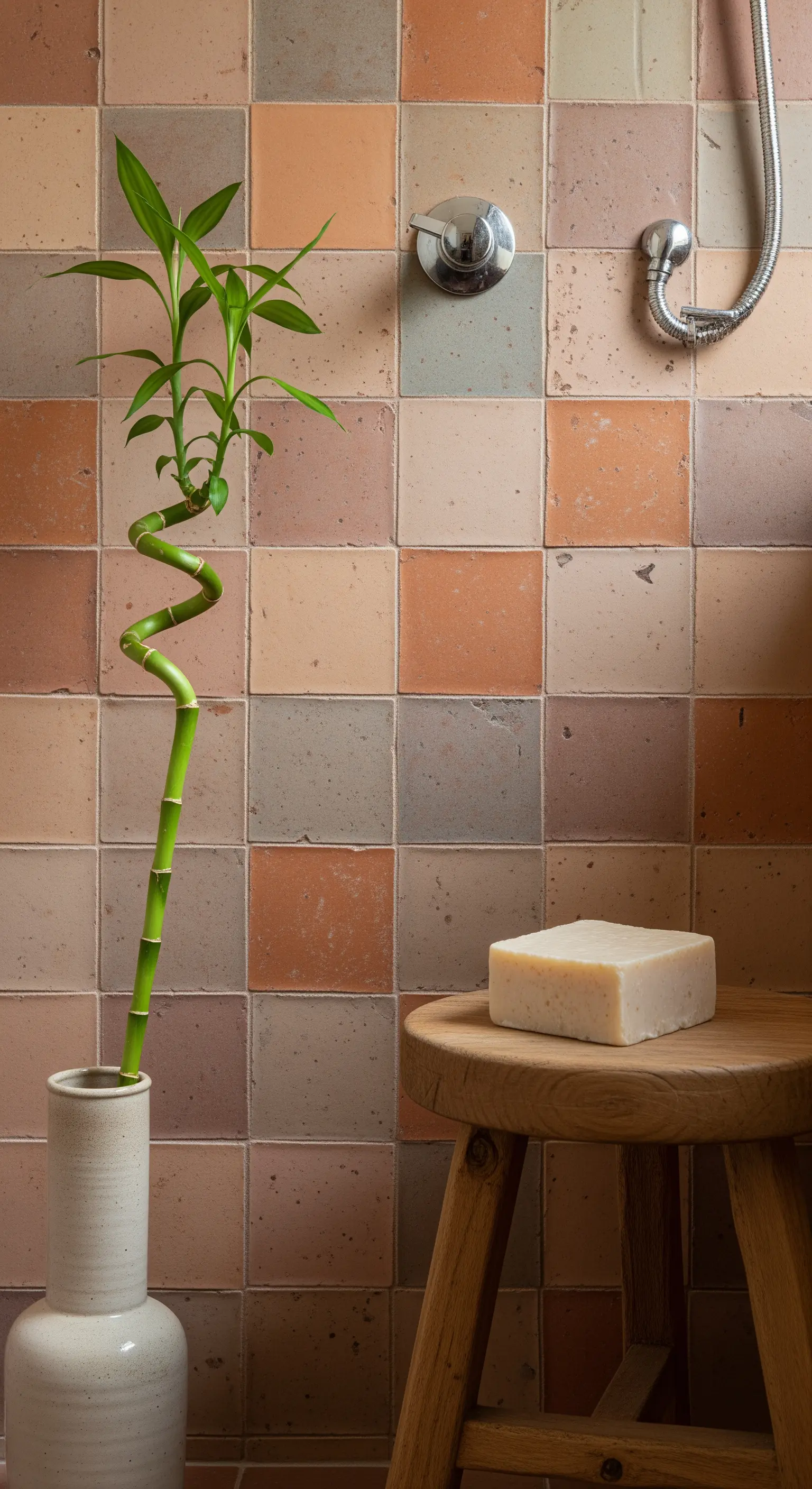 Dettaglio di una doccia con piastrelle quadrate in diverse tonalità di terracotta e rosa.