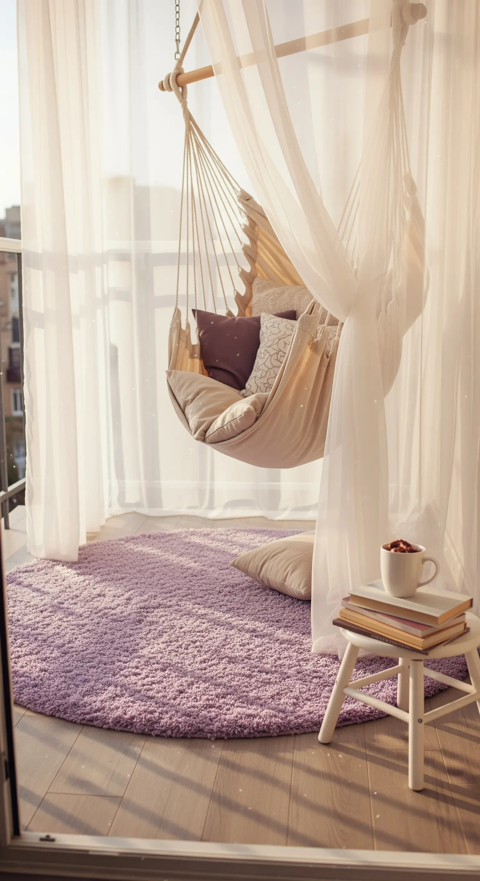 Angolo lettura su un balcone con poltrona sospesa avvolta da tende e un morbido tappeto lilla.