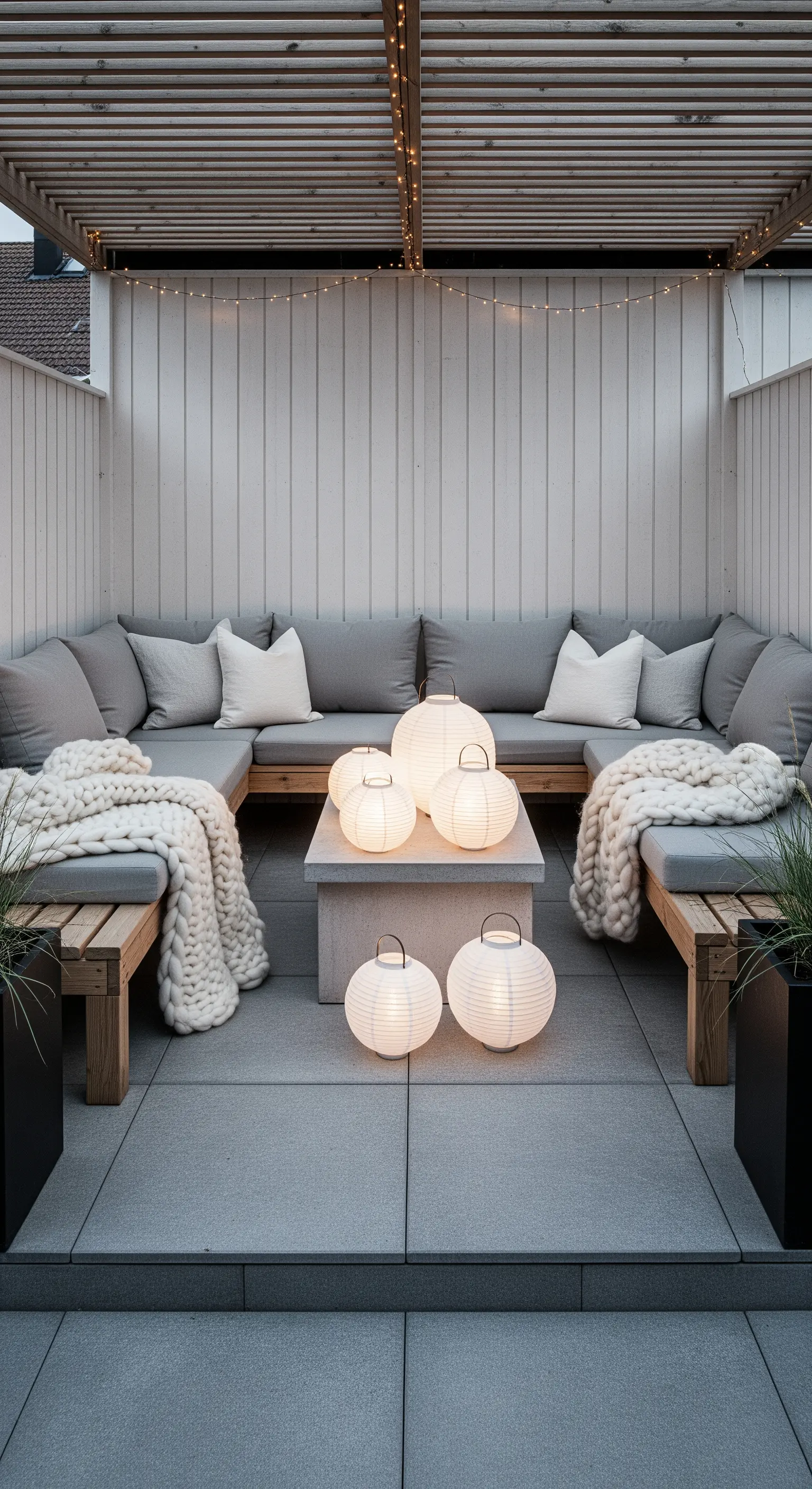 Salotto da esterno con divano a U grigio, lanterne di carta bianche e plaid in lana spessa.