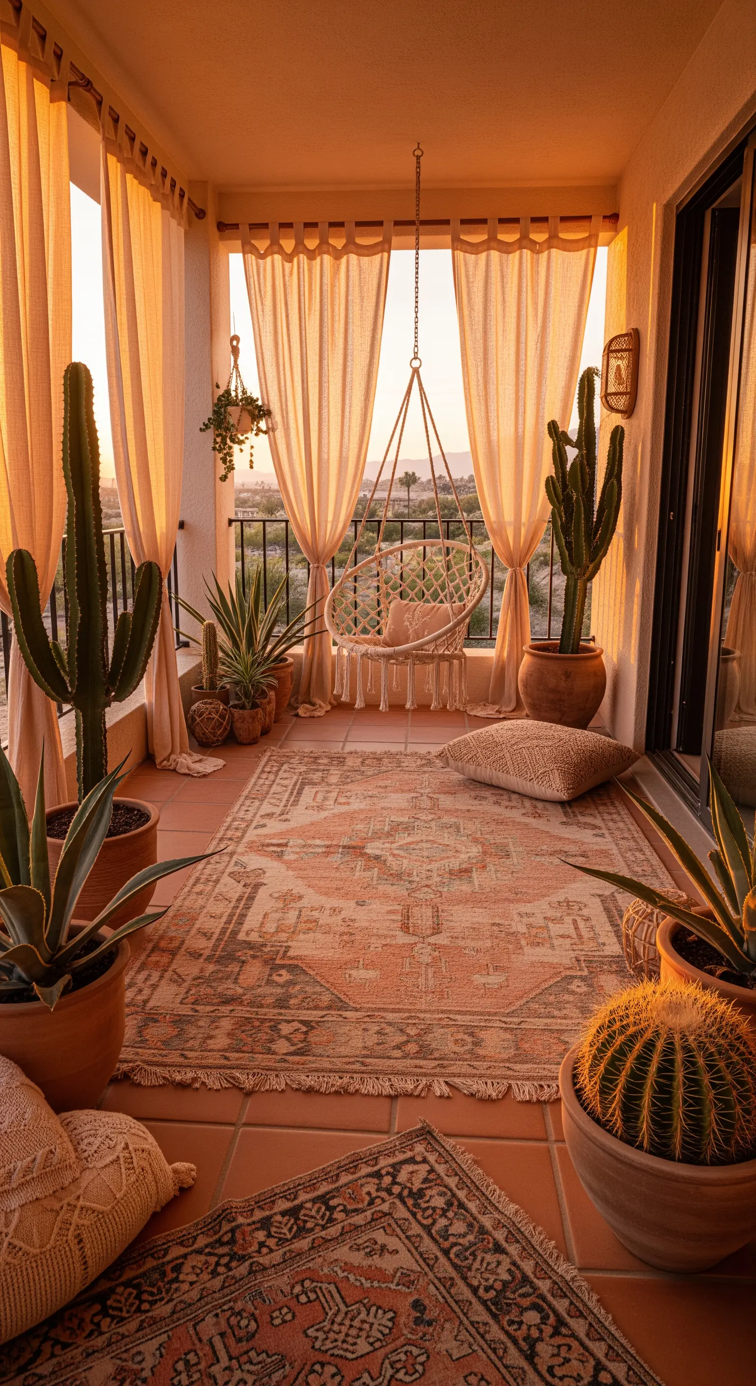 Balcone in stile desert-boho con tappeti kilim, tende color terracotta, cactus e poltrona sospesa.