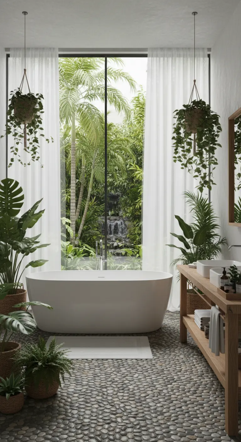 Bagno con pavimento in ciottoli, vasca freestanding e un'ampia vetrata con vista su un giardino tropicale.
