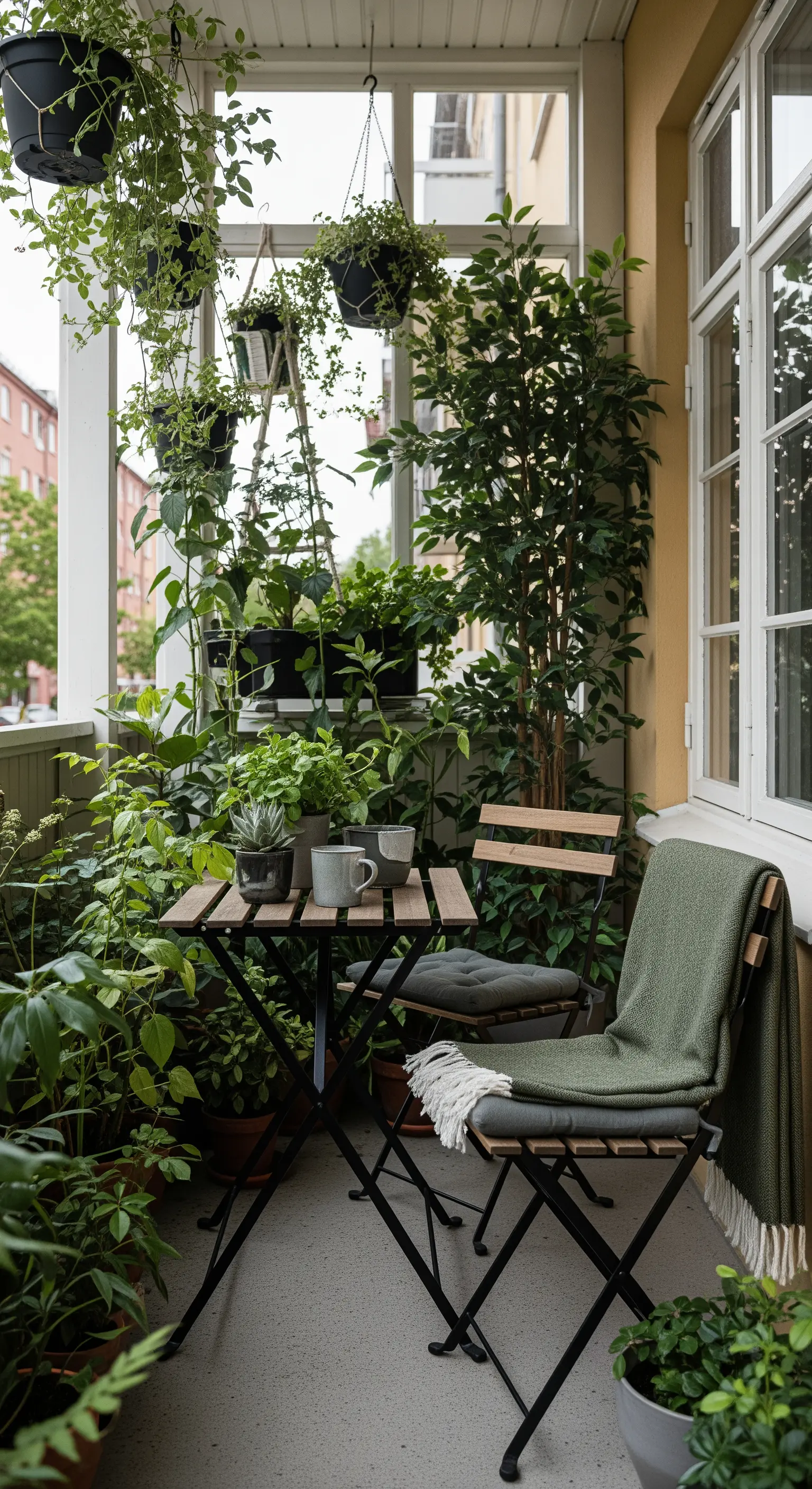 Balcone di città trasformato in una giungla urbana con piante rampicanti e vasi sospesi.