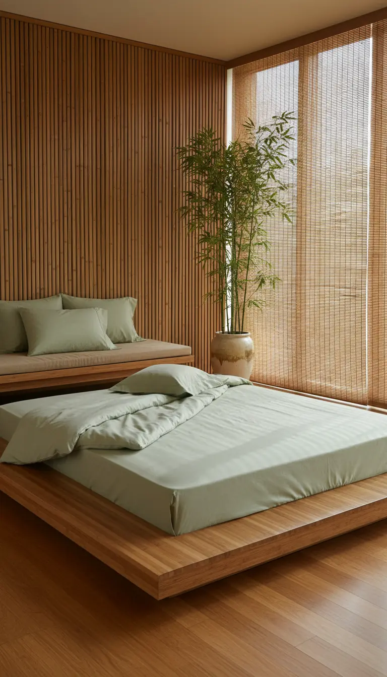 Letto basso in legno con lenzuola verde salvia, contro una parete rivestita di listelli di bambù.