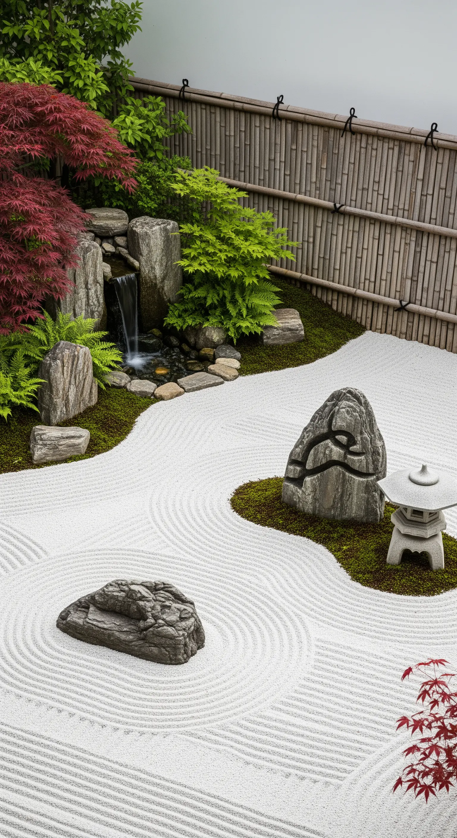 Giardino zen secco con sabbia bianca rastrellata, rocce e un acero rosso.