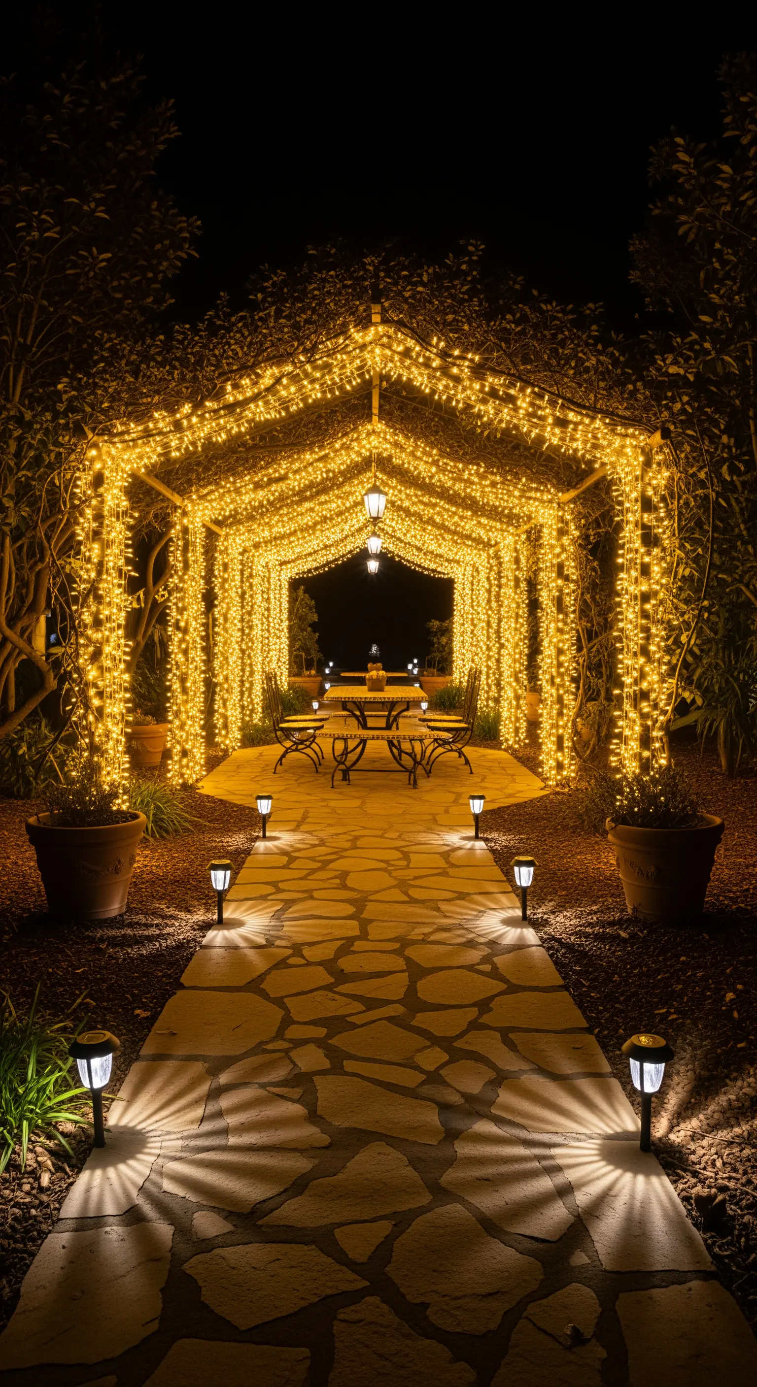 Vialetto illuminato da lampioncini che conduce a un tunnel interamente coperto di lucine dorate