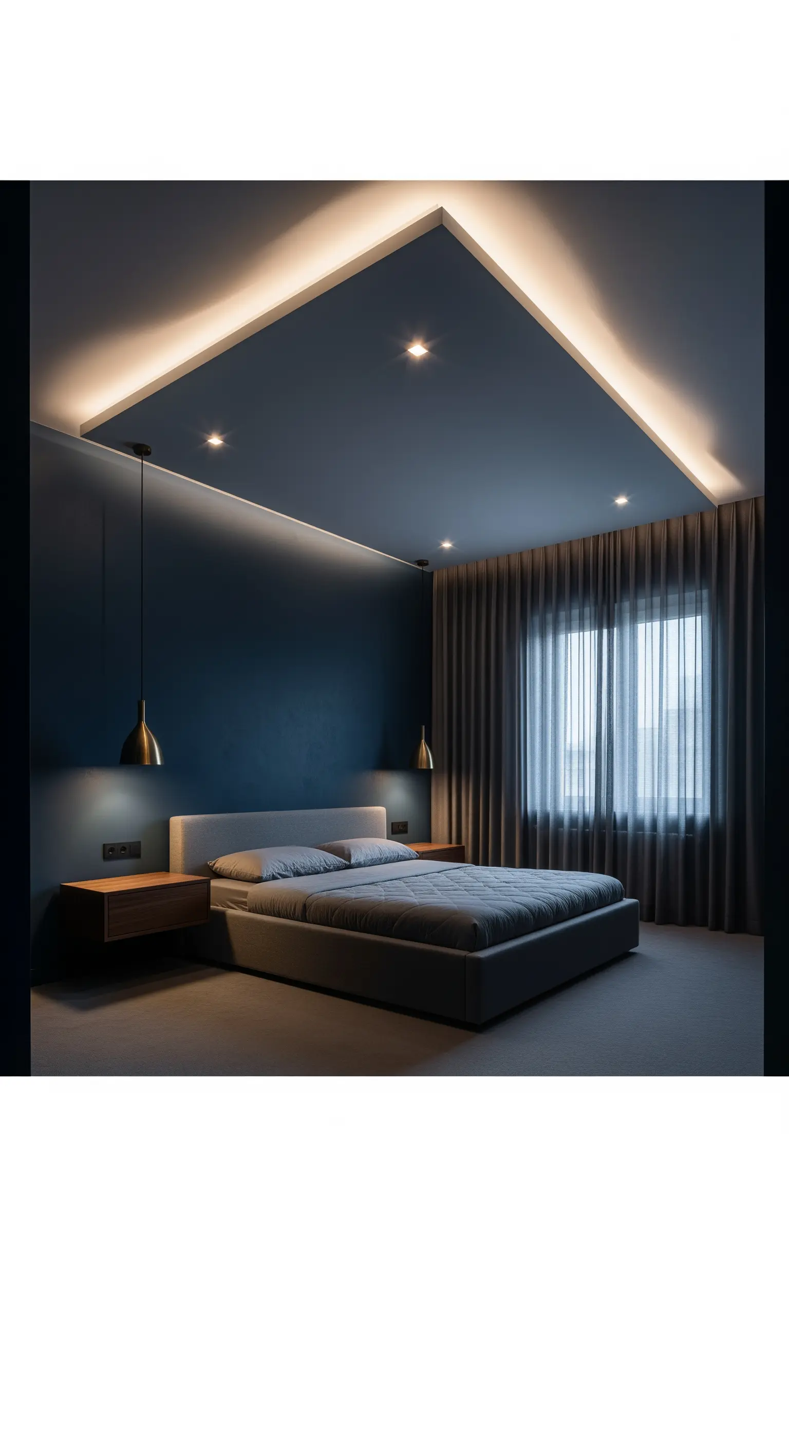 Camera da letto blu scuro con illuminazione a LED integrata nel controsoffitto.