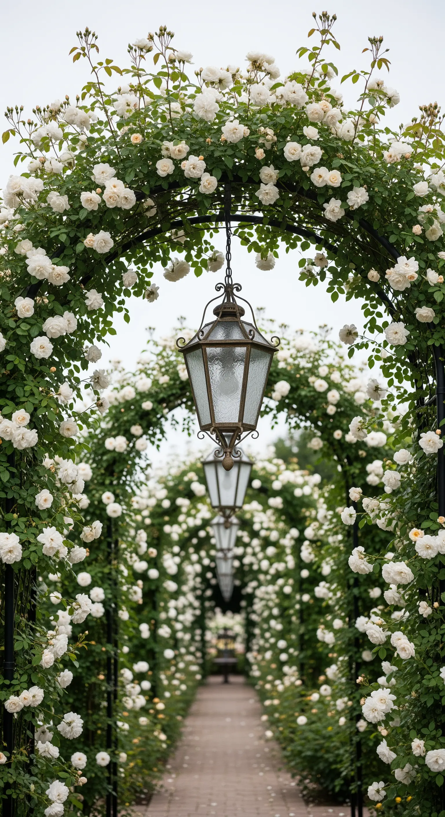 Un pergolato ad arco ricoperto di rose bianche, con lanterne classiche appese lungo il percorso.