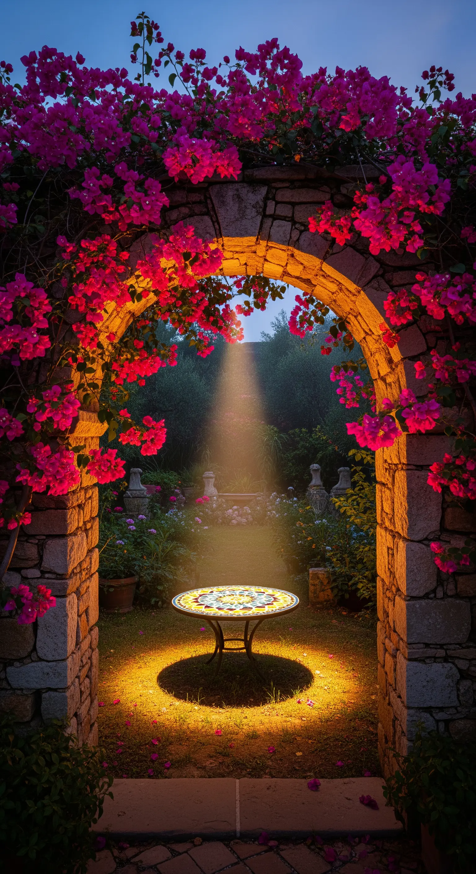Arco in pietra con bouganville che incornicia un tavolo a mosaico illuminato.