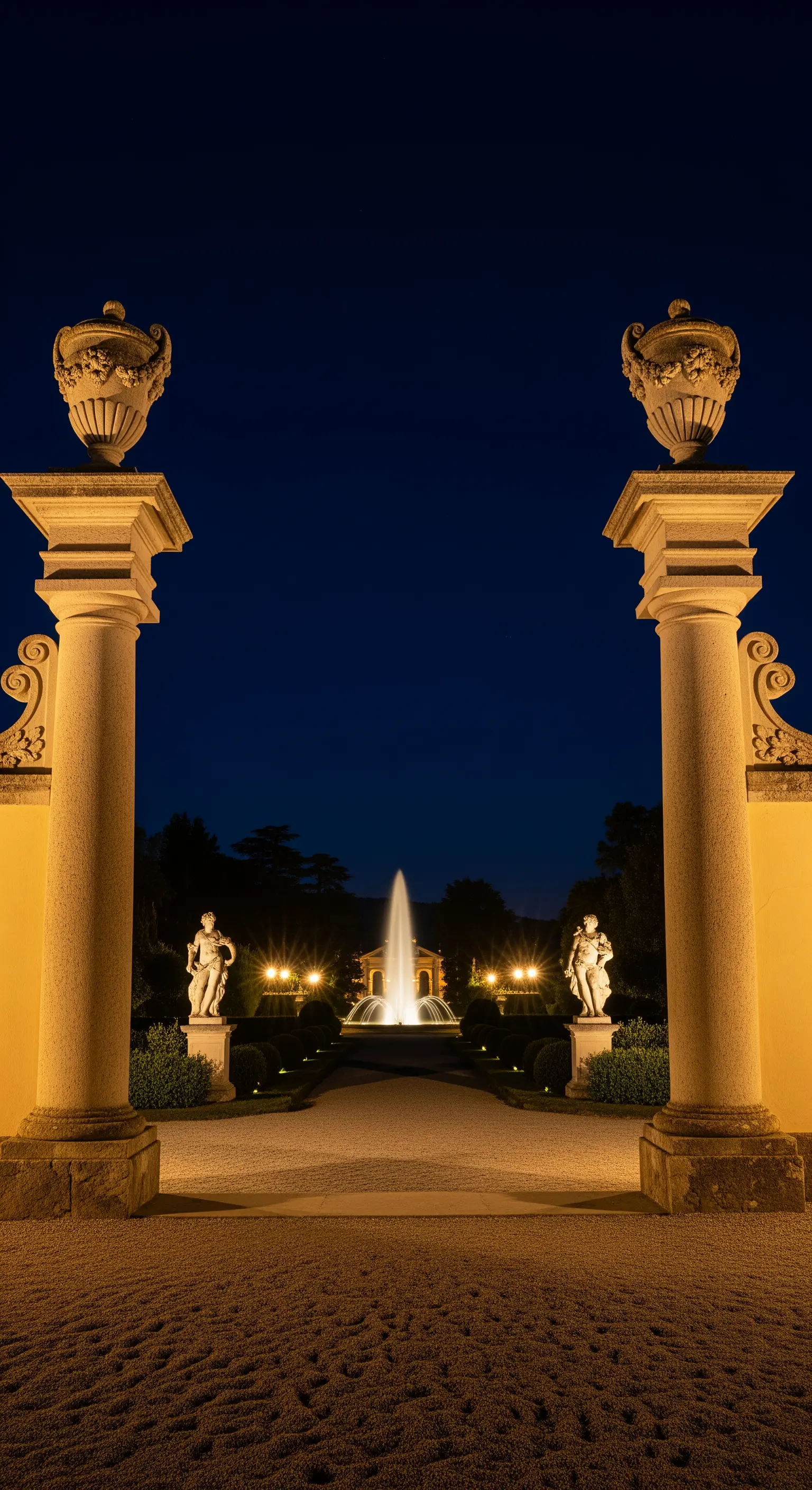 Vista di un giardino con fontana attraverso due imponenti colonne illuminate all'ingresso.