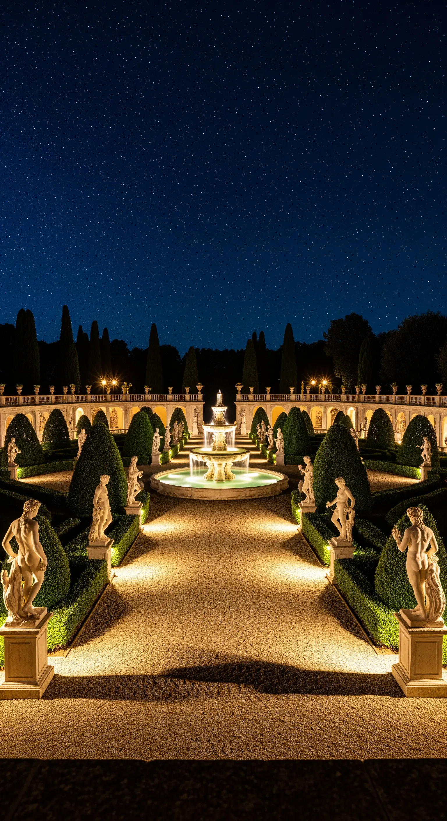 Giardino formale illuminato di notte, con statue, siepi e una fontana centrale.