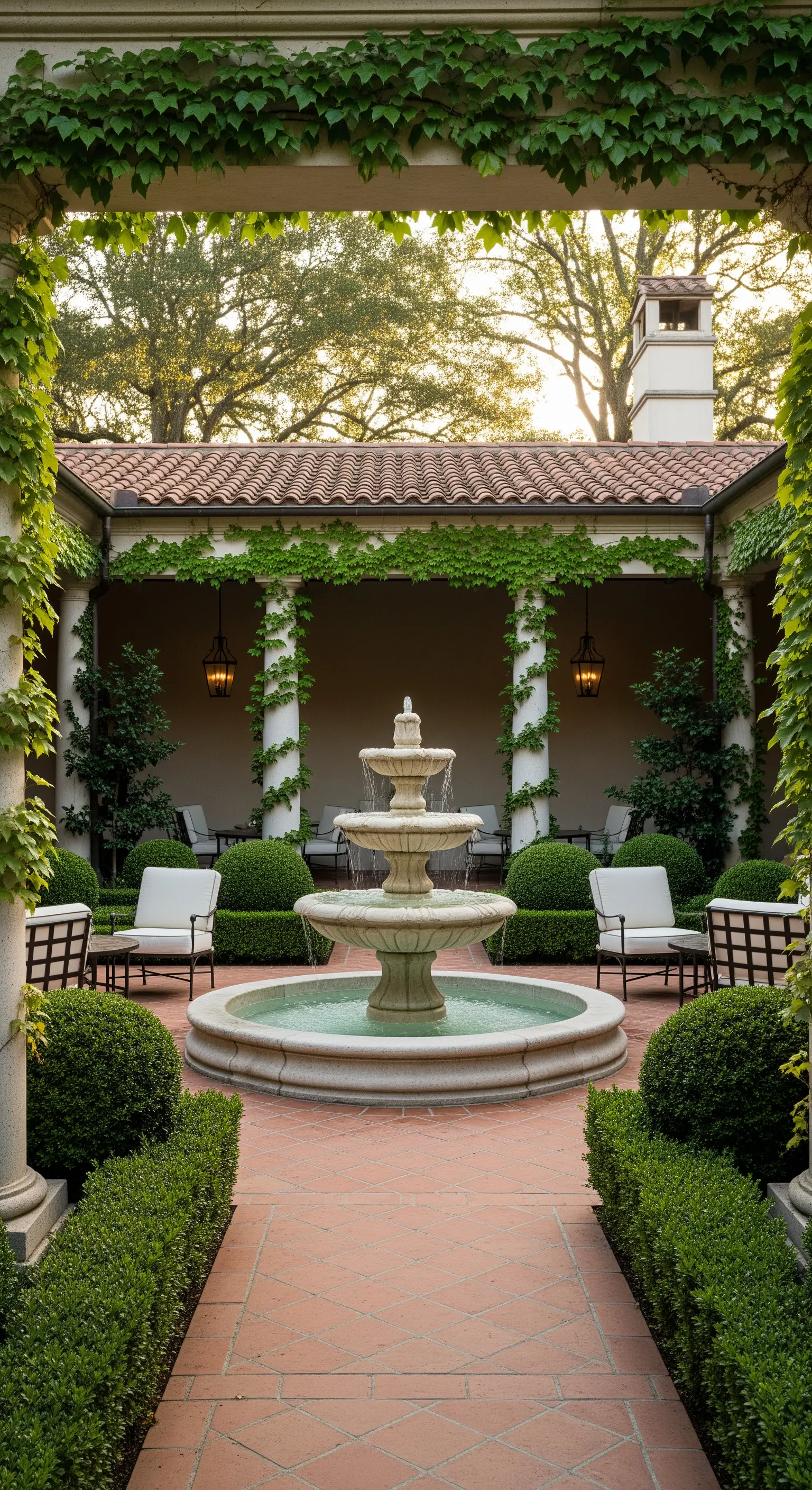 Patio con fontana centrale a tre livelli, colonne con edera e siepi di bosso potate a sfera.