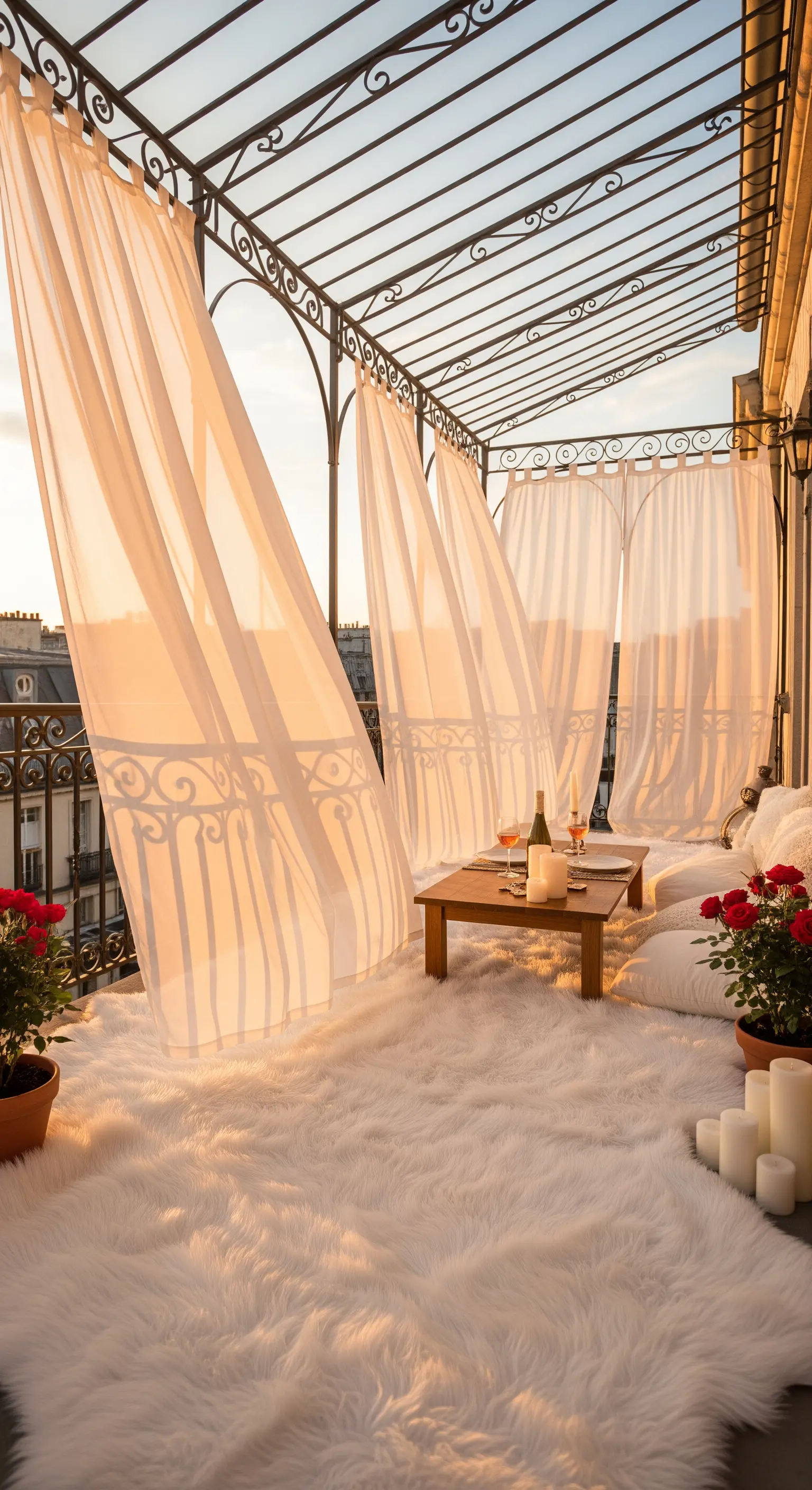 Balcone parigino al tramonto con tappeto in ecopelliccia bianca e tende trasparenti che volano al vento.