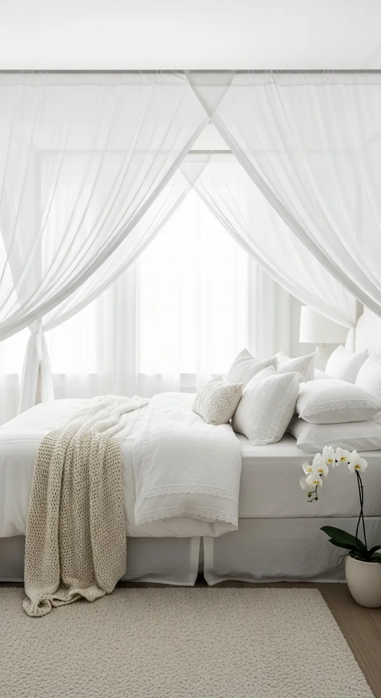 Letto bianco avvolto da tende in voile trasparente che creano un effetto baldacchino.