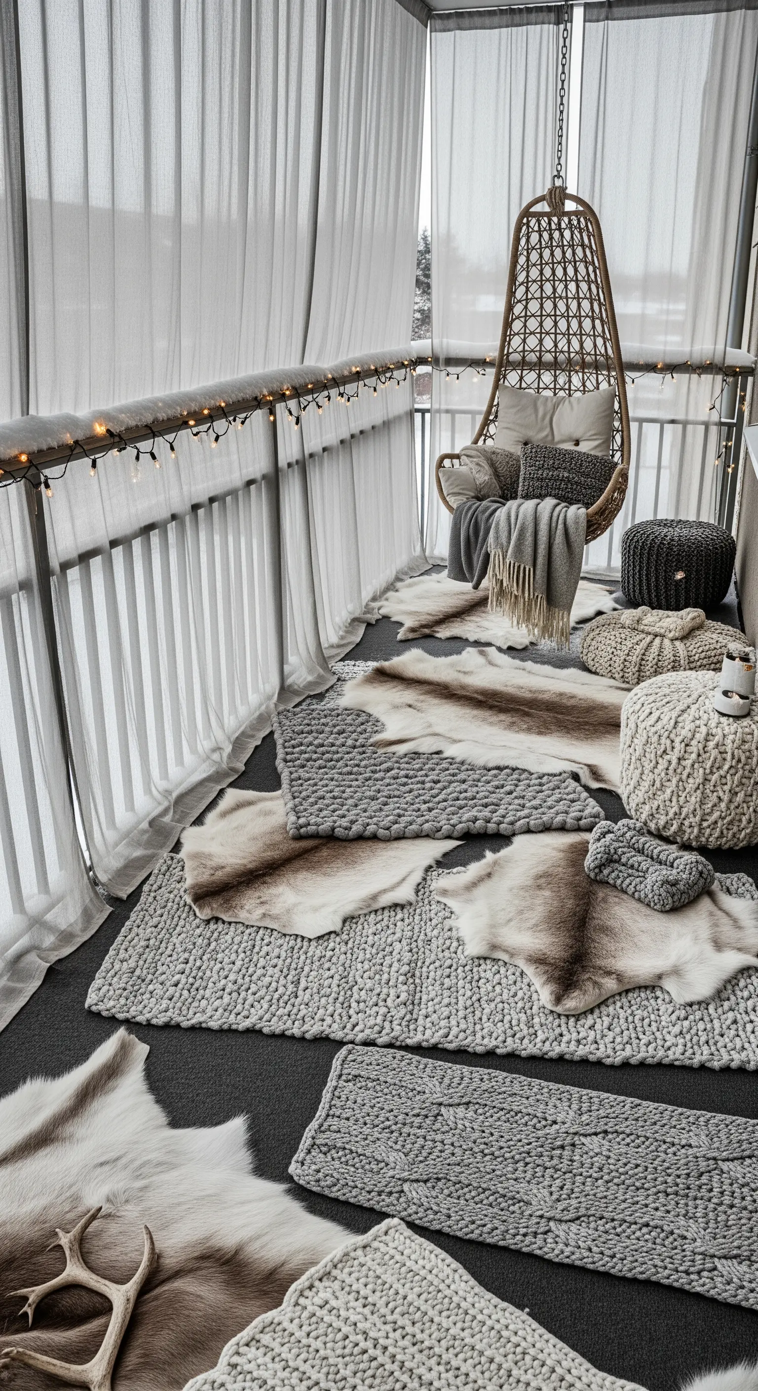 Balcone invernale con poltrona sospesa e una stratificazione di tappeti, pelli e pouf in maglia.