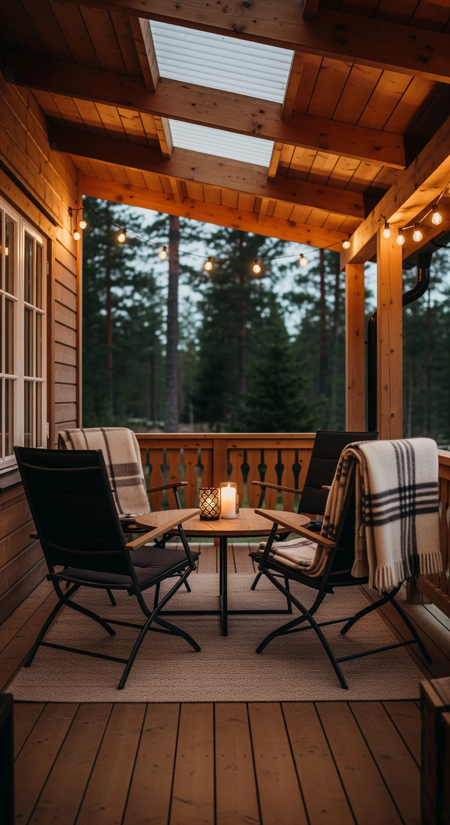 Portico in legno con sedie pieghevoli nere, plaid a quadri e luci a stringa.