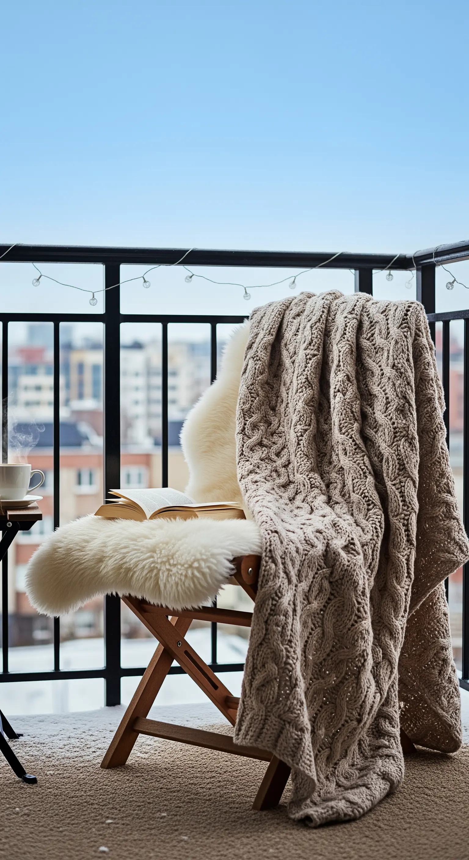Sedia pieghevole in legno con pelle di pecora e coperta beige, con vista sulla città.