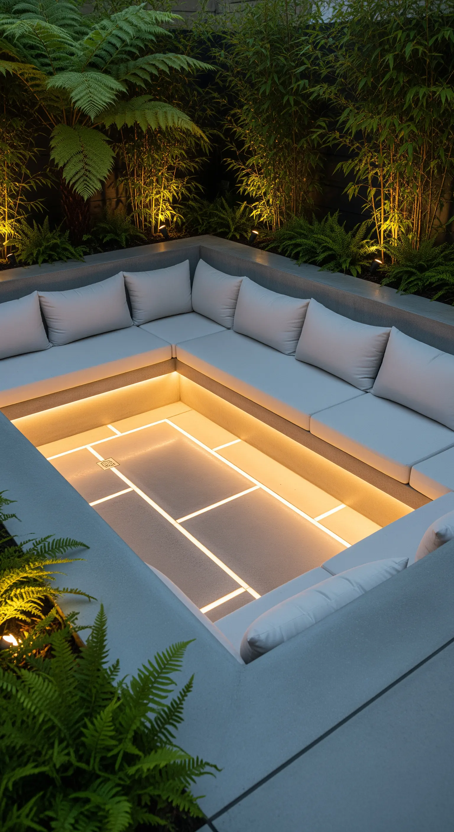 Area lounge sommersa con sedute in muratura e illuminazione LED calda integrata sotto i cuscini.