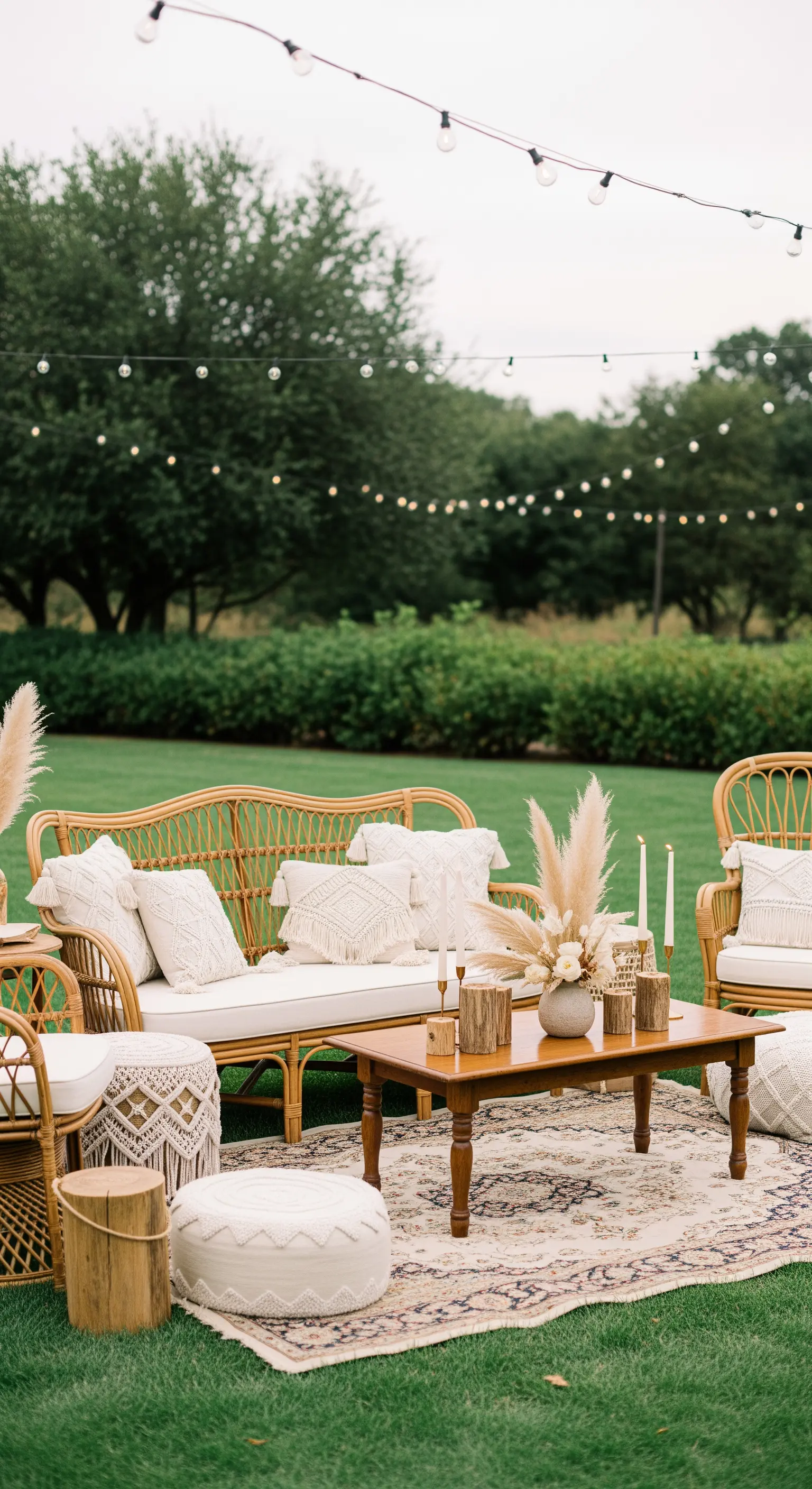 Angolo lounge in giardino con divani in rattan, cuscini in macramè e tappeto persiano.