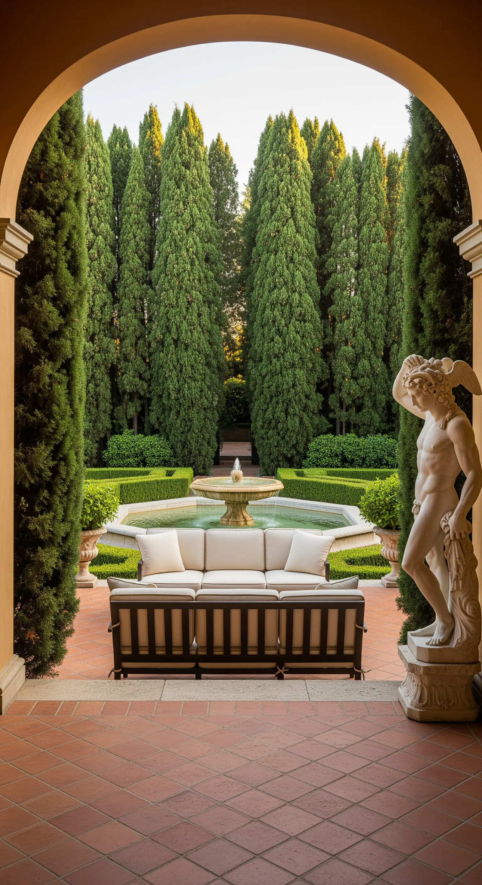 Veranda con divano che si affaccia su un giardino con fontana e alti cipressi.