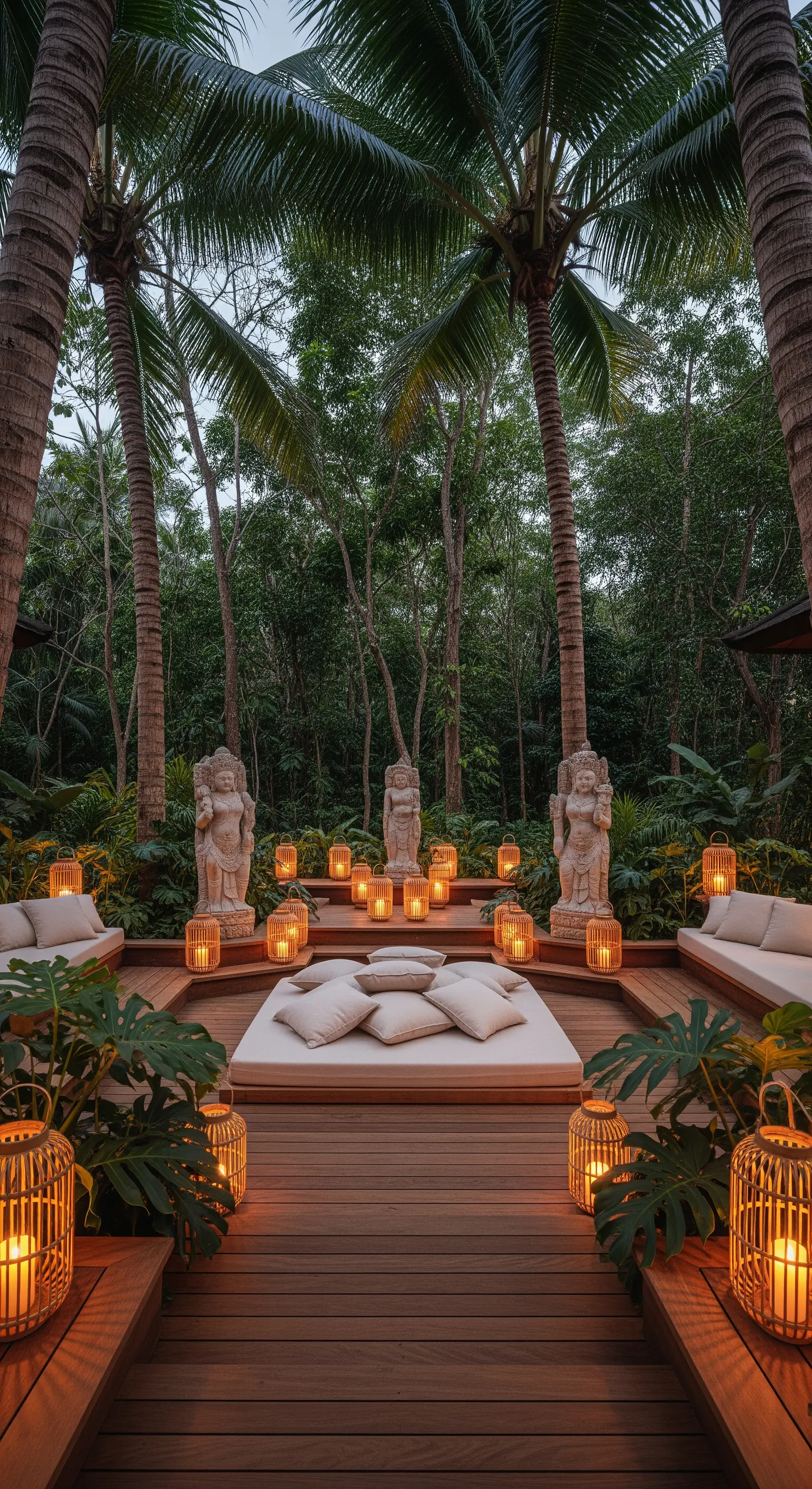 Patio in legno con daybed centrale, lanterne in bambù e statue tra le palme.