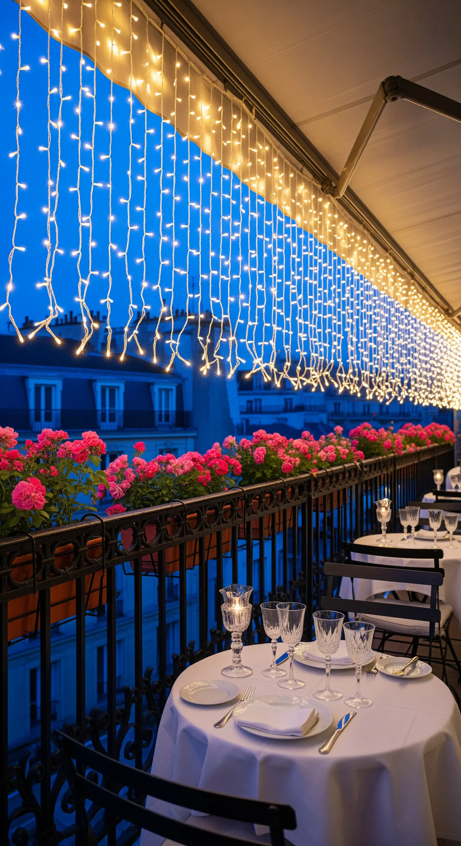 Balcone di un ristorante parigino con tende di luci calde a cascata e gerani rosa sulla ringhiera