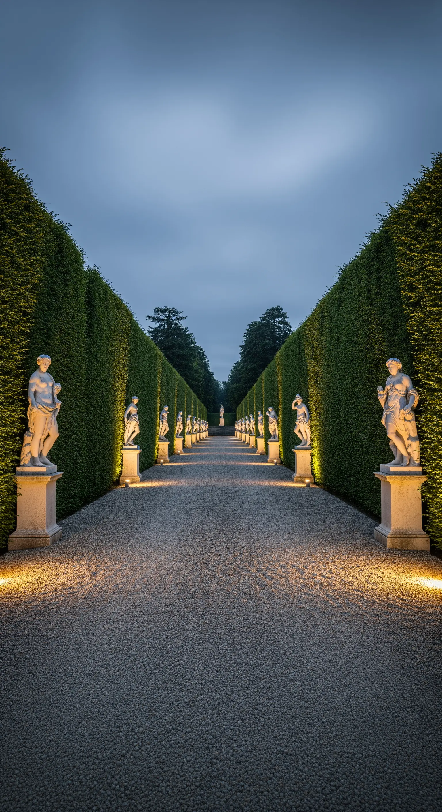Lungo viale di ghiaia fiancheggiato da alte siepi e statue classiche illuminate dal basso.