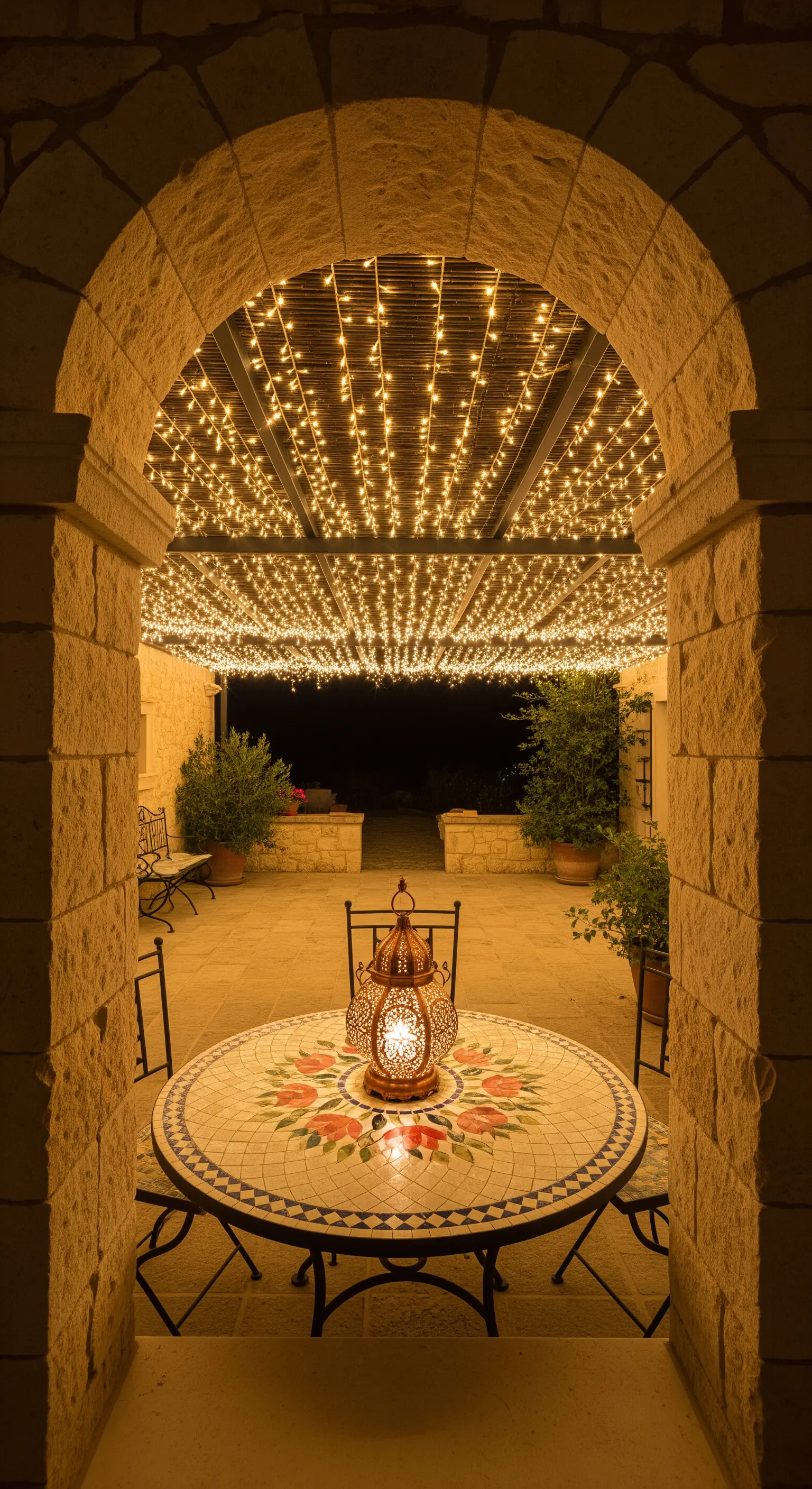 Vista attraverso un arco in pietra di un patio con un soffitto interamente coperto di lucine