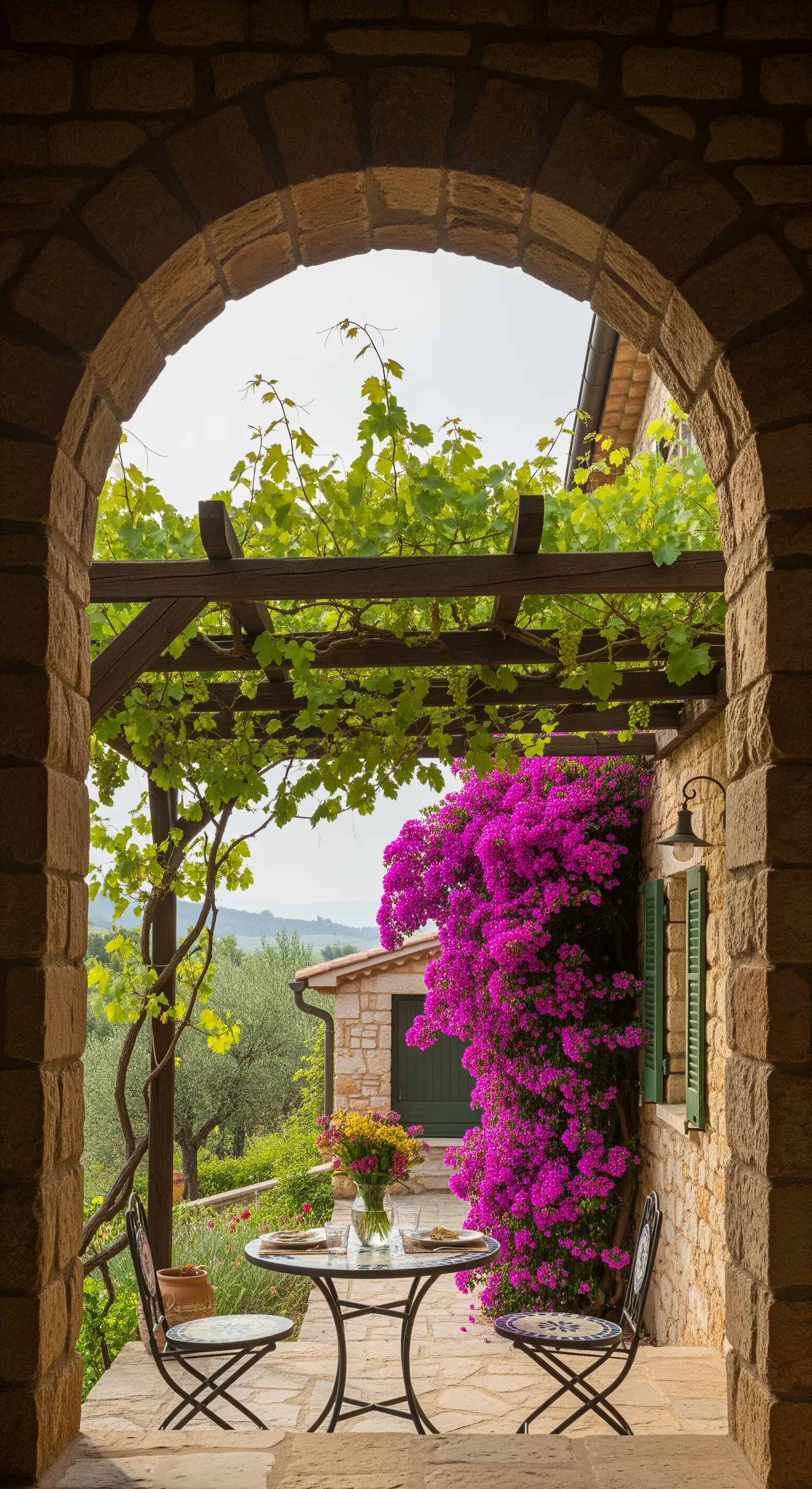 Angolo relax con tavolo bistrot visto attraverso un arco in pietra, con bouganville.