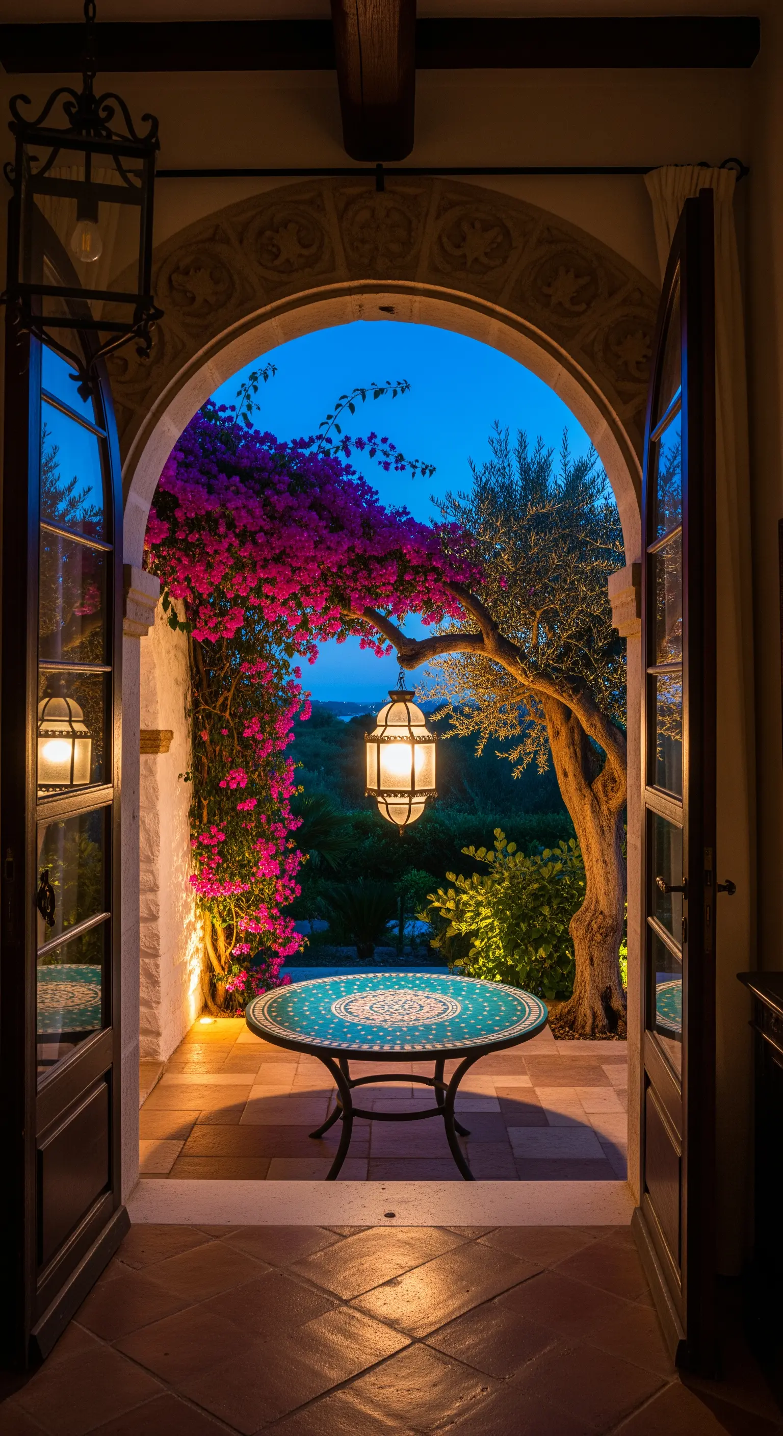 Vista da una porta aperta su un patio con lanterna, ulivo e bouganville.