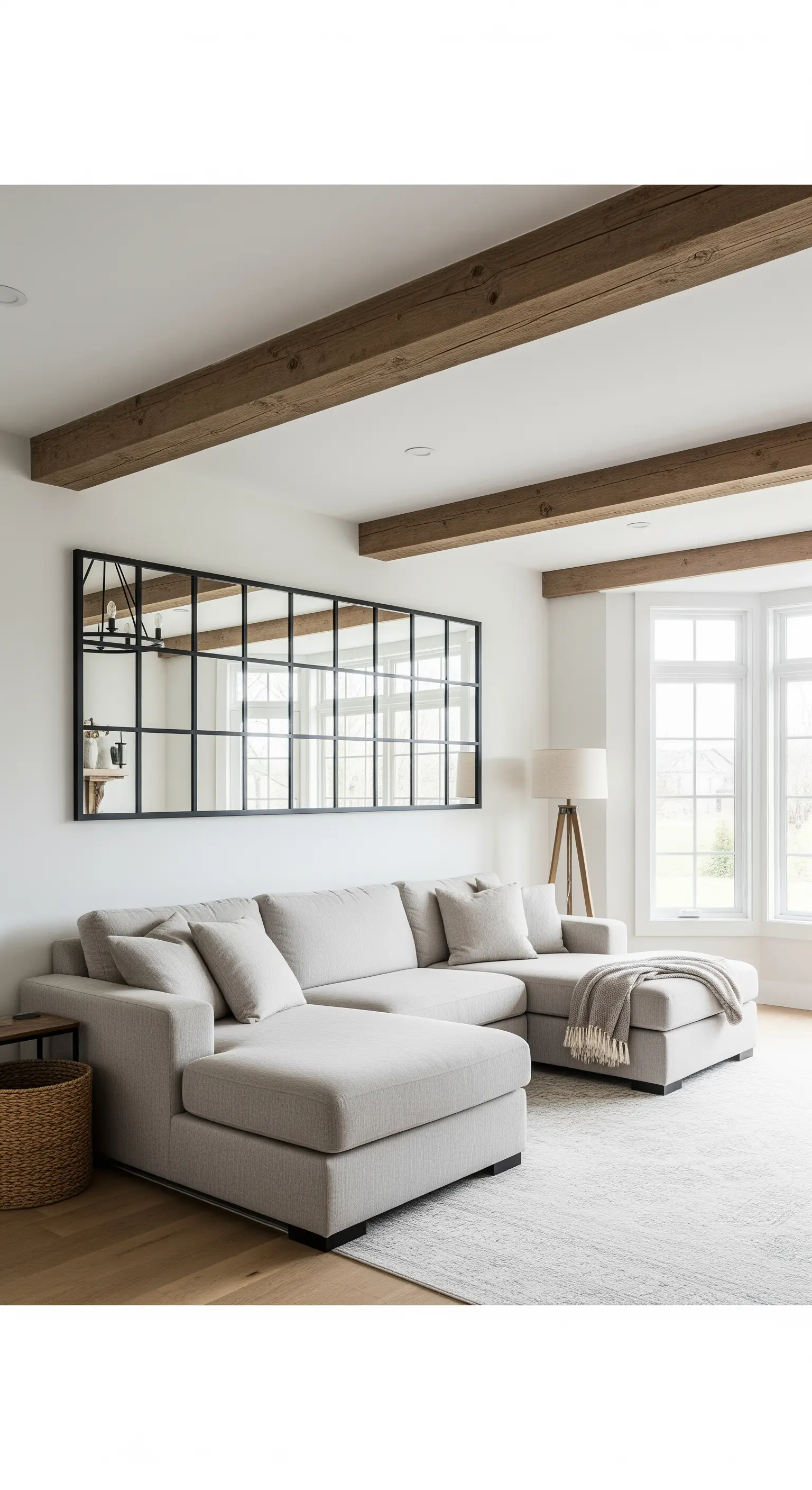 Grande specchio orizzontale con cornice nera a griglia, stile finestra, sopra un divano beige.