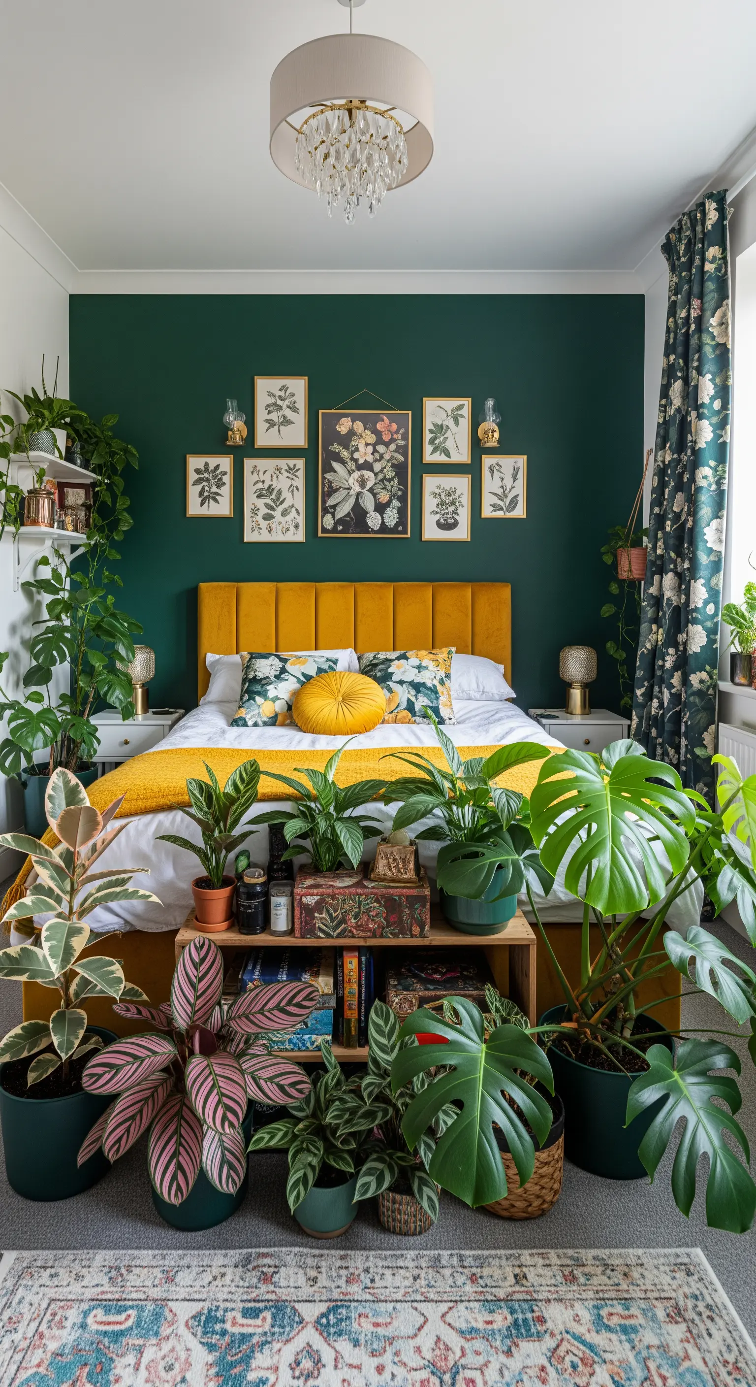 Camera da letto massimalista con parete verde scuro e una giungla di piante attorno al letto.