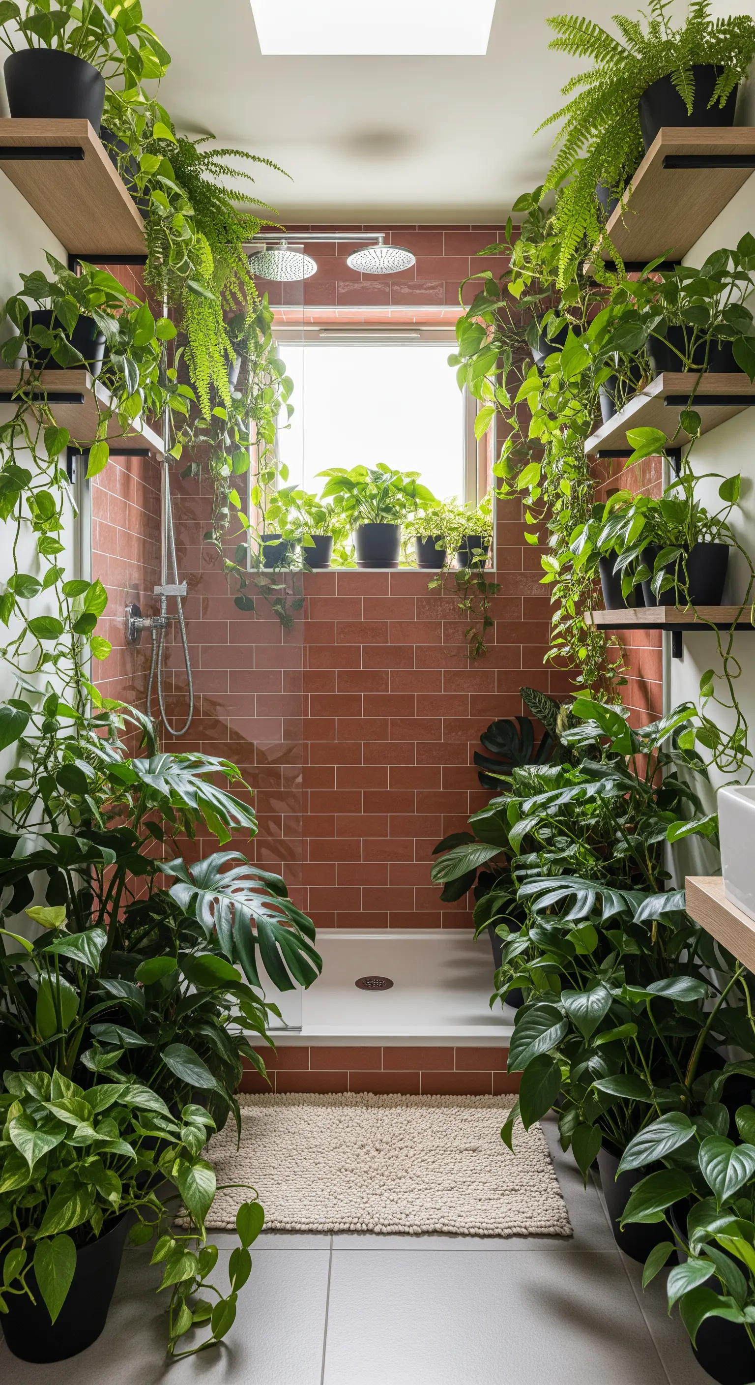 Cabina doccia con pareti terracotta completamente riempita di piante verdi a vari livelli.