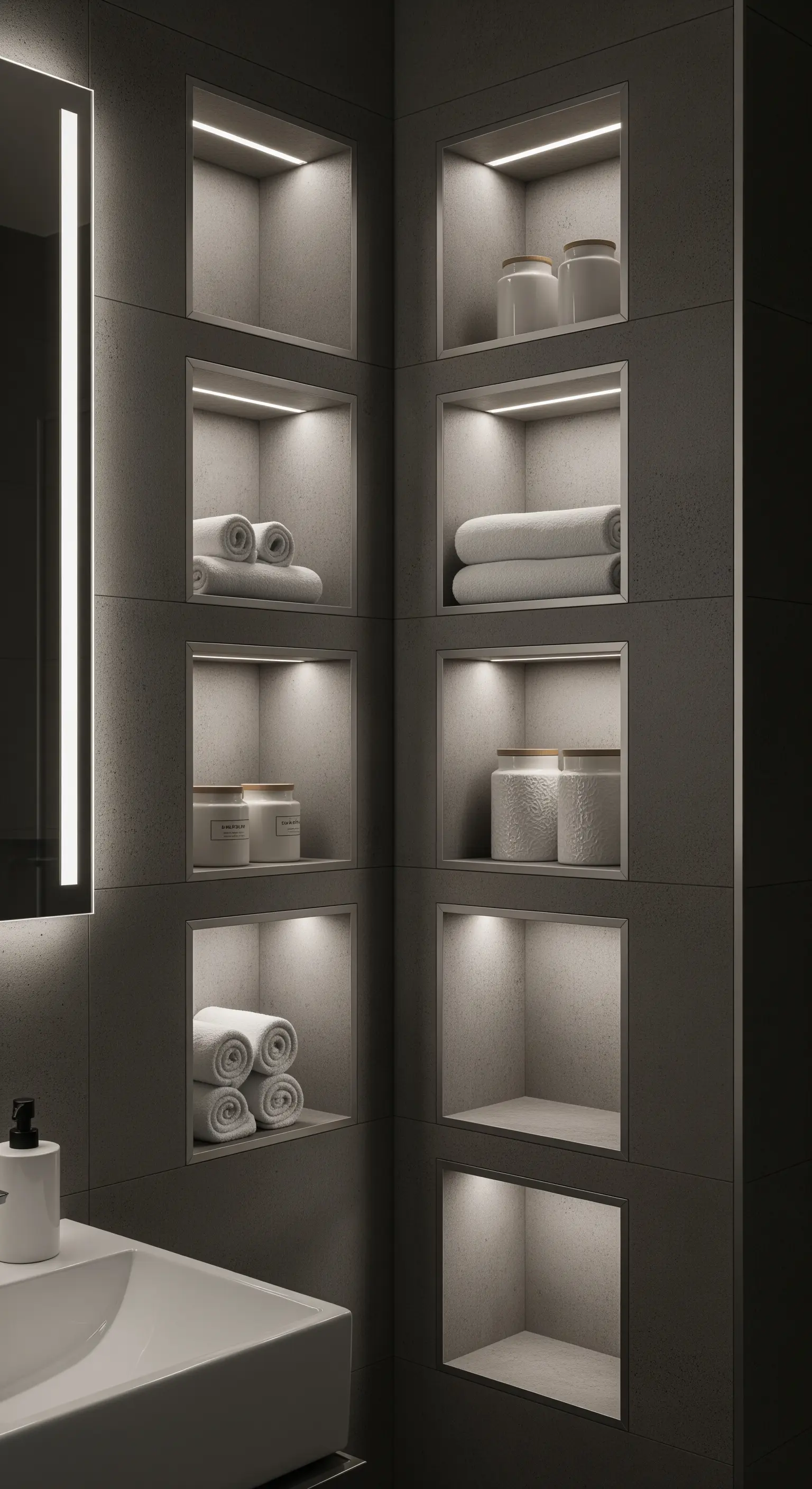 Angolo del bagno con una serie di nicchie quadrate illuminate, contenenti asciugamani e oggetti.