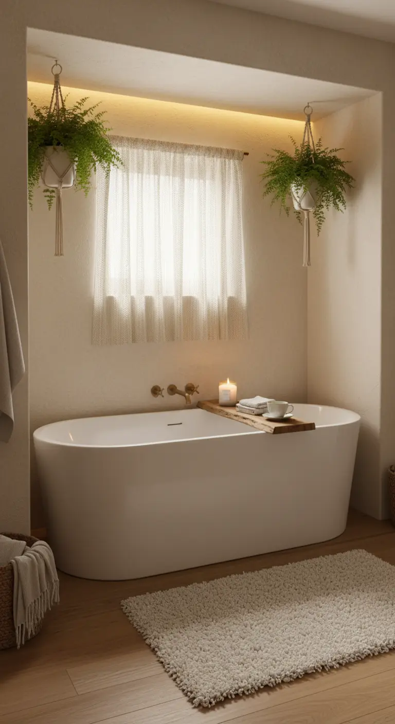Vasca da bagno in una nicchia accogliente con tende leggere, piante sospese e illuminazione calda.
