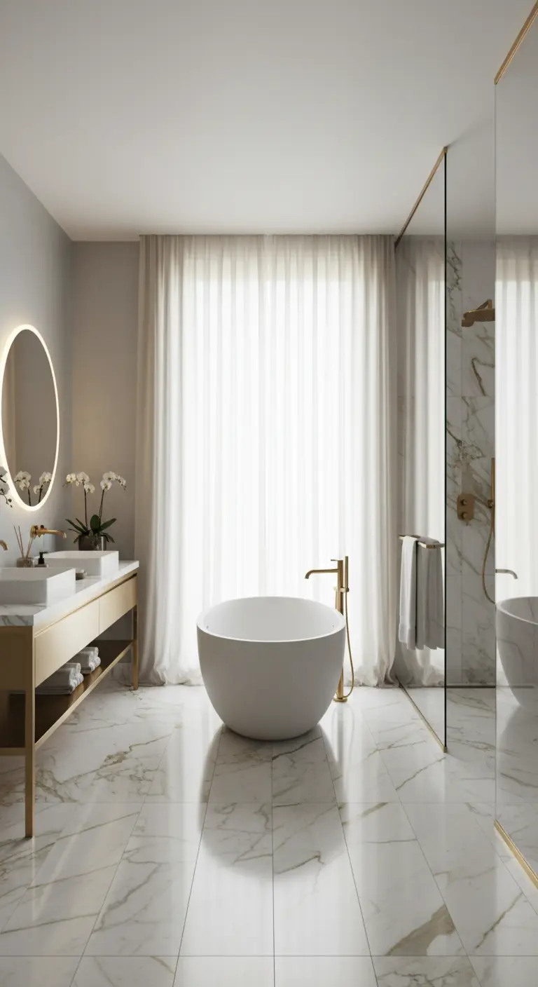 Bagno di lusso con pavimento in marmo, dettagli dorati e un'intera parete coperta da tende bianche.