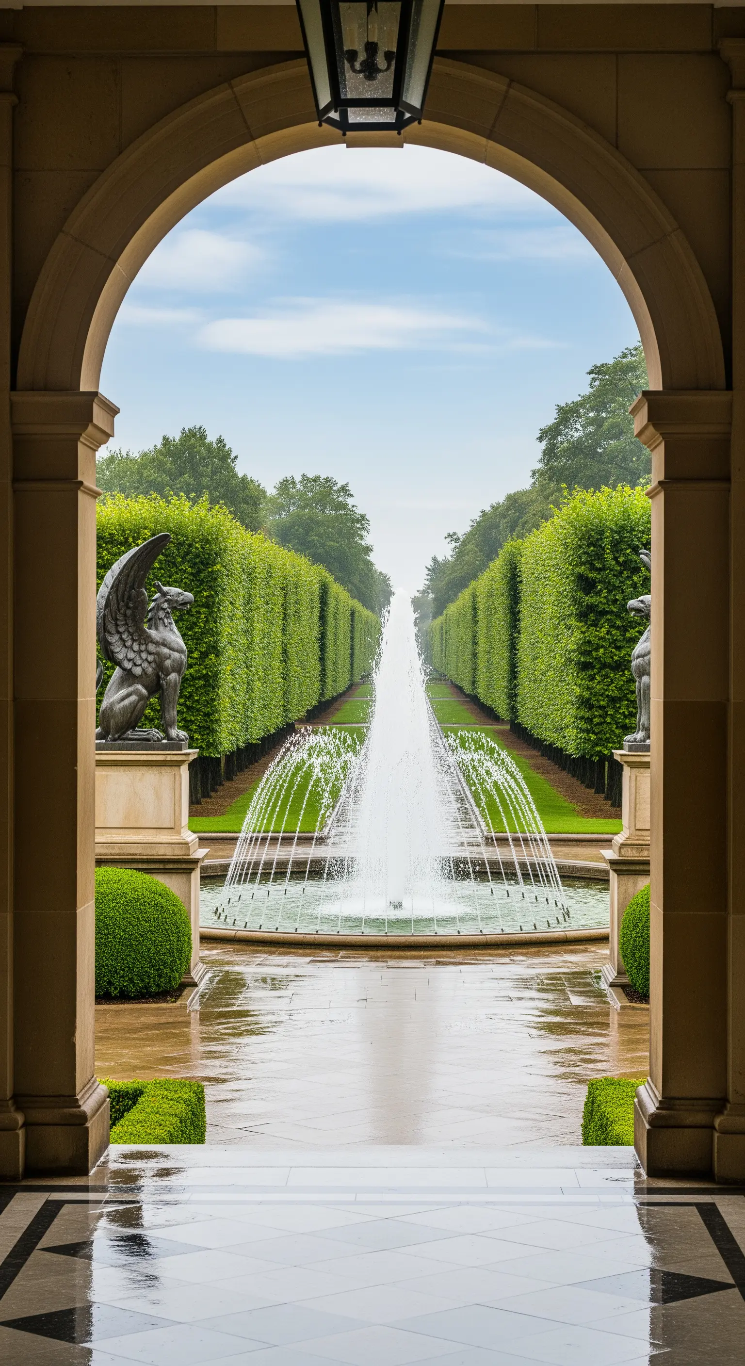 Vista attraverso un arco di una fontana lunga e stretta fiancheggiata da alte siepi.