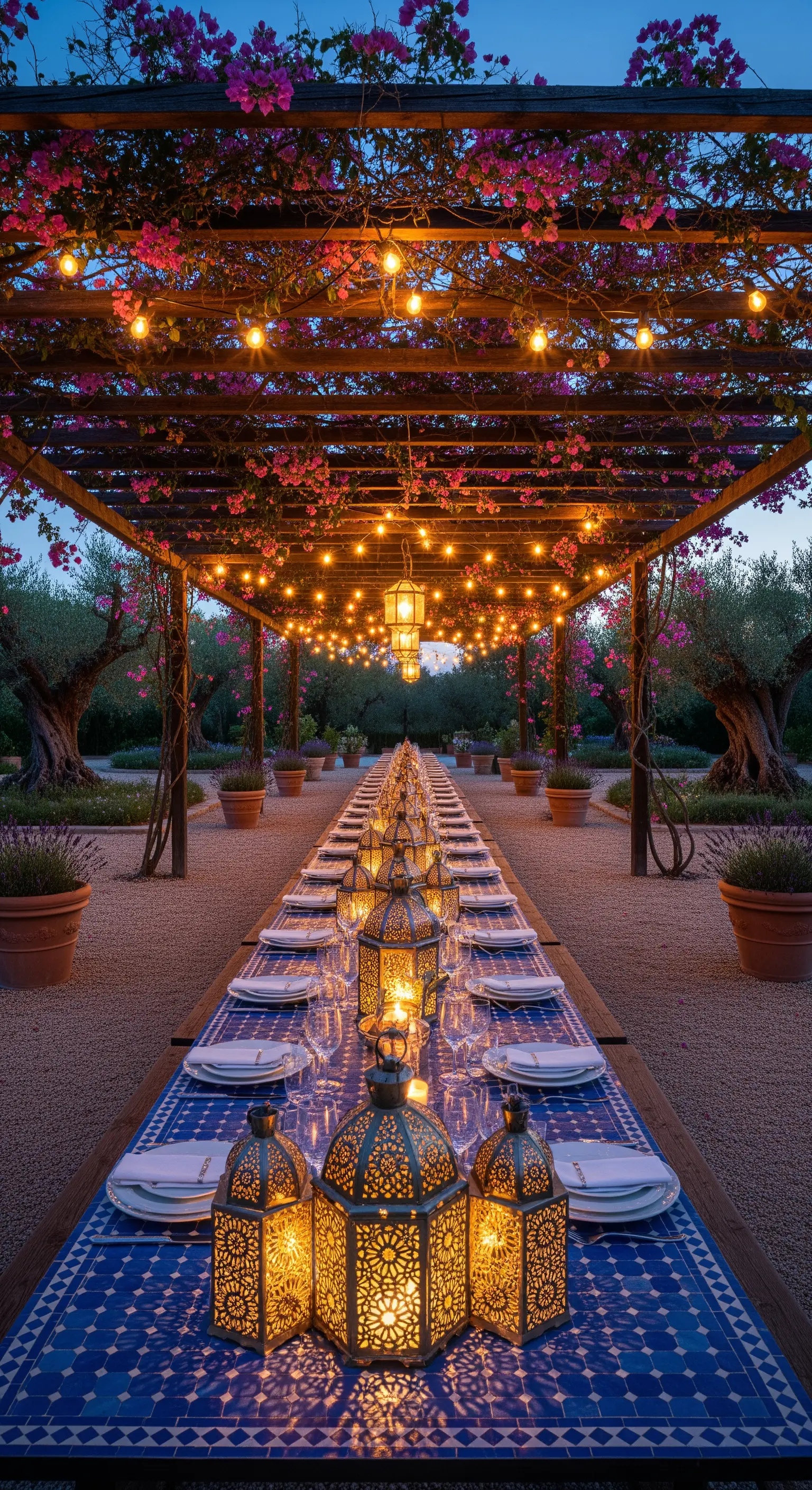 Lunga tavola con runner in mosaico blu sotto un pergolato fiorito illuminato da lucine e lanterne