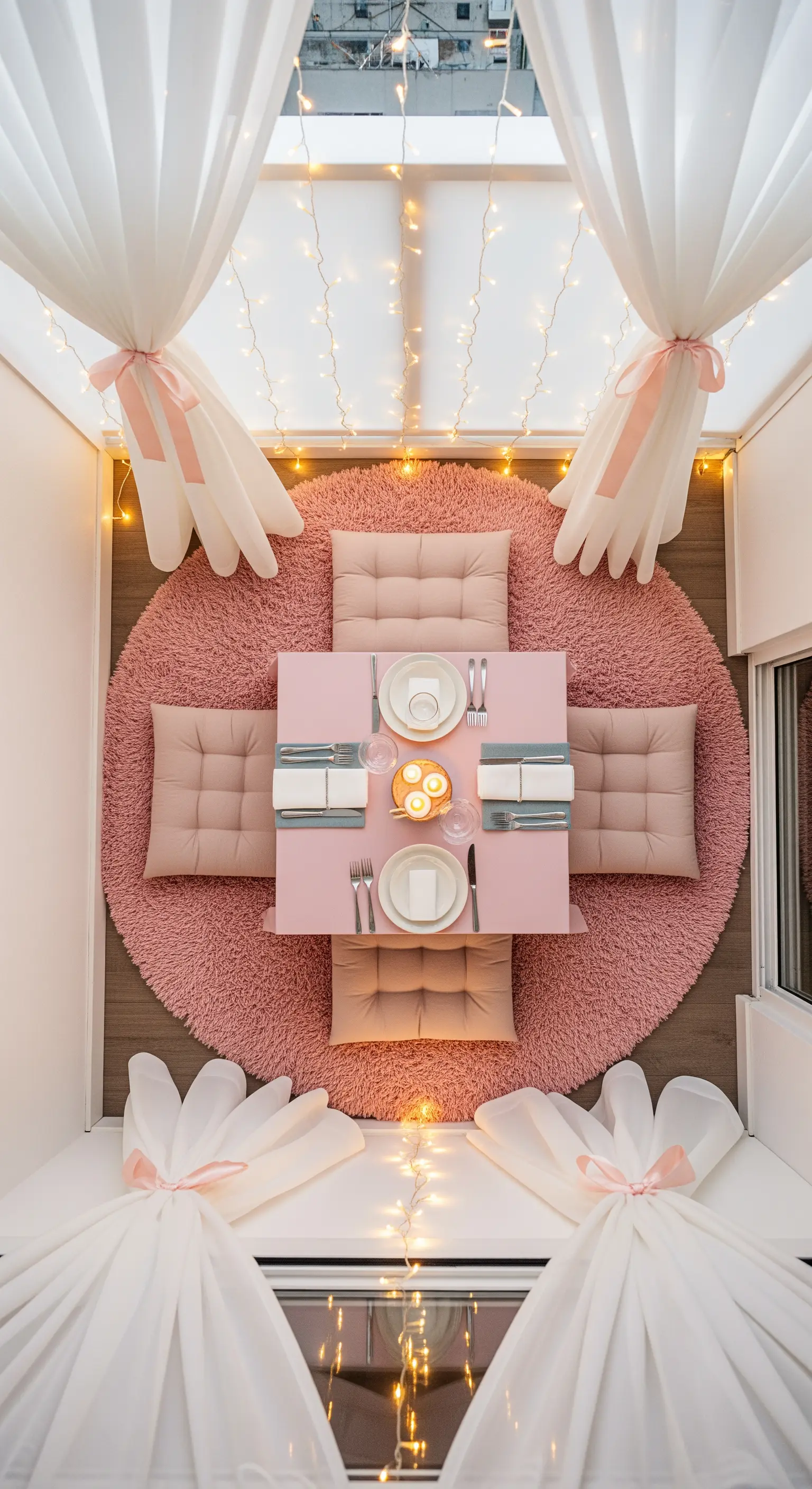Vista dall'alto di un piccolo balcone allestito per una cena intima con tappeto rosa e cuscini.