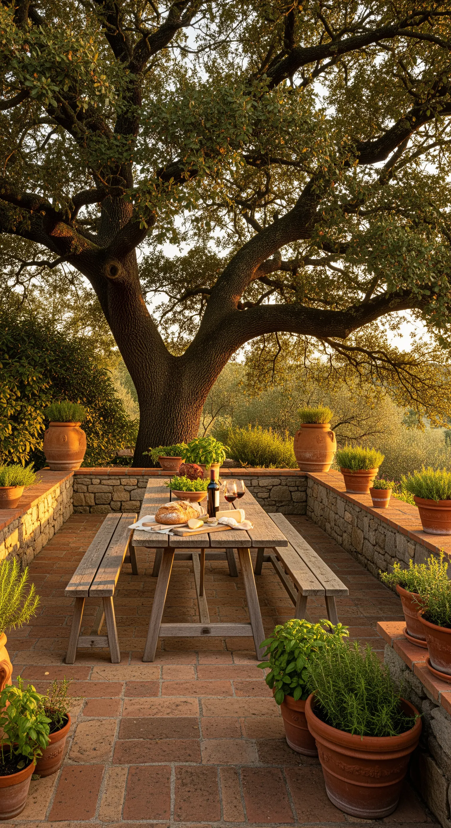 Tavolo da picnic in legno sotto una quercia, circondato da vasi di erbe aromatiche.