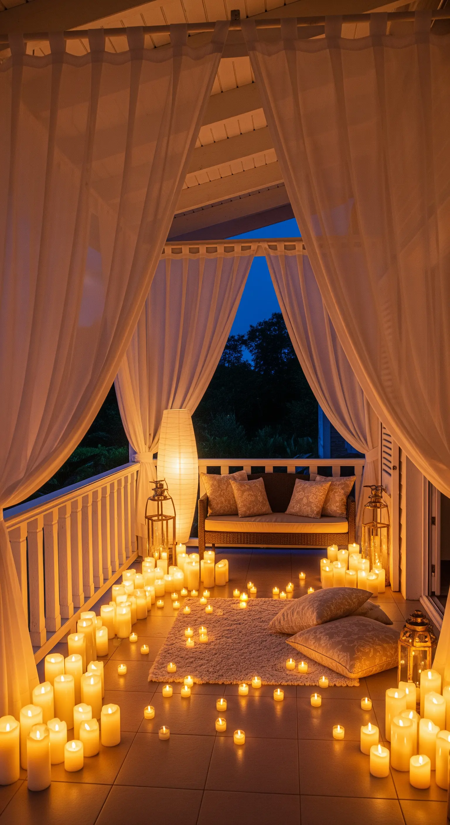 Balcone trasformato in un nido romantico con tende bianche e pavimento coperto di candele accese.