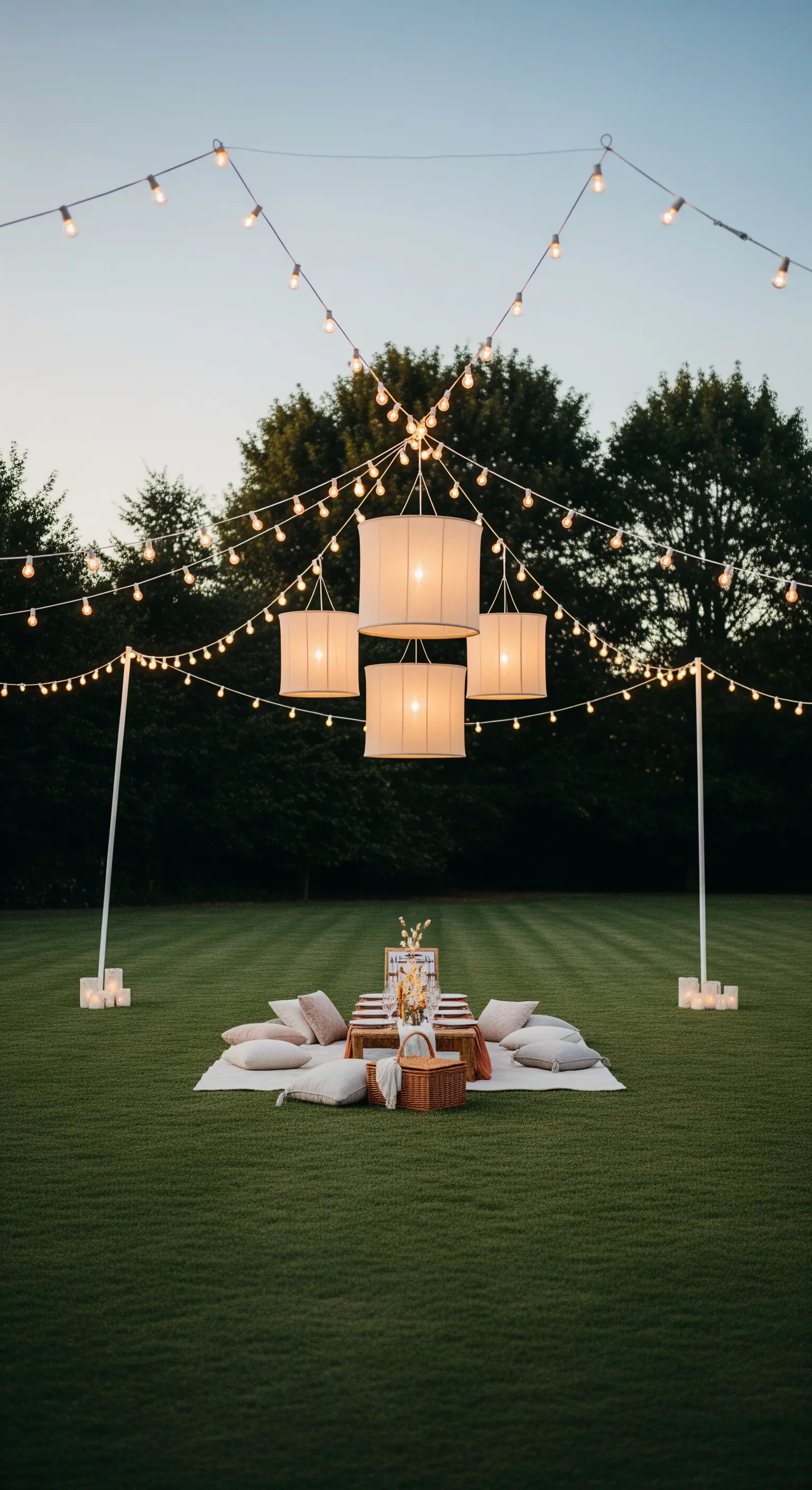 Allestimento per un picnic elegante su un prato, sotto fili di lucine e lanterne di tessuto.