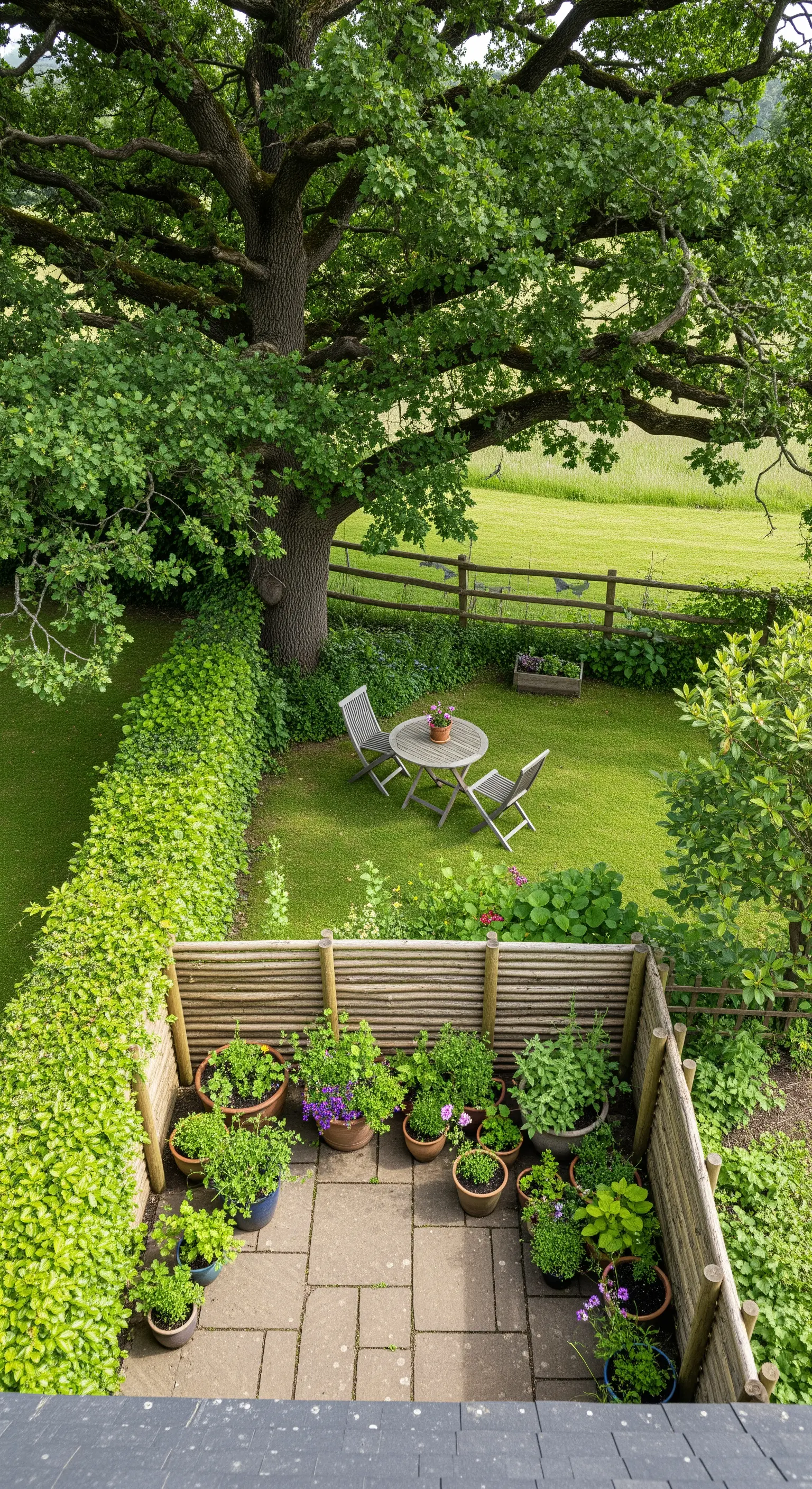 Angolo patio con un orto in vaso, separato dal resto del giardino da una fitta siepe verde.