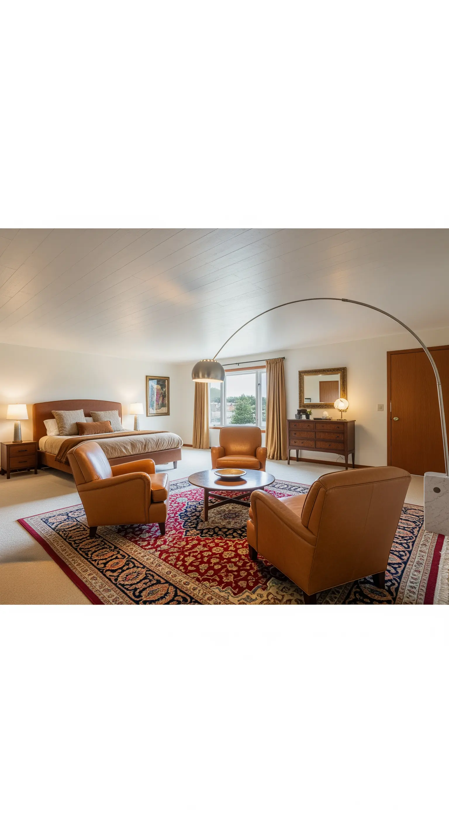 Ampia camera da letto con zona salotto composta da poltrone in pelle e lampada ad arco.