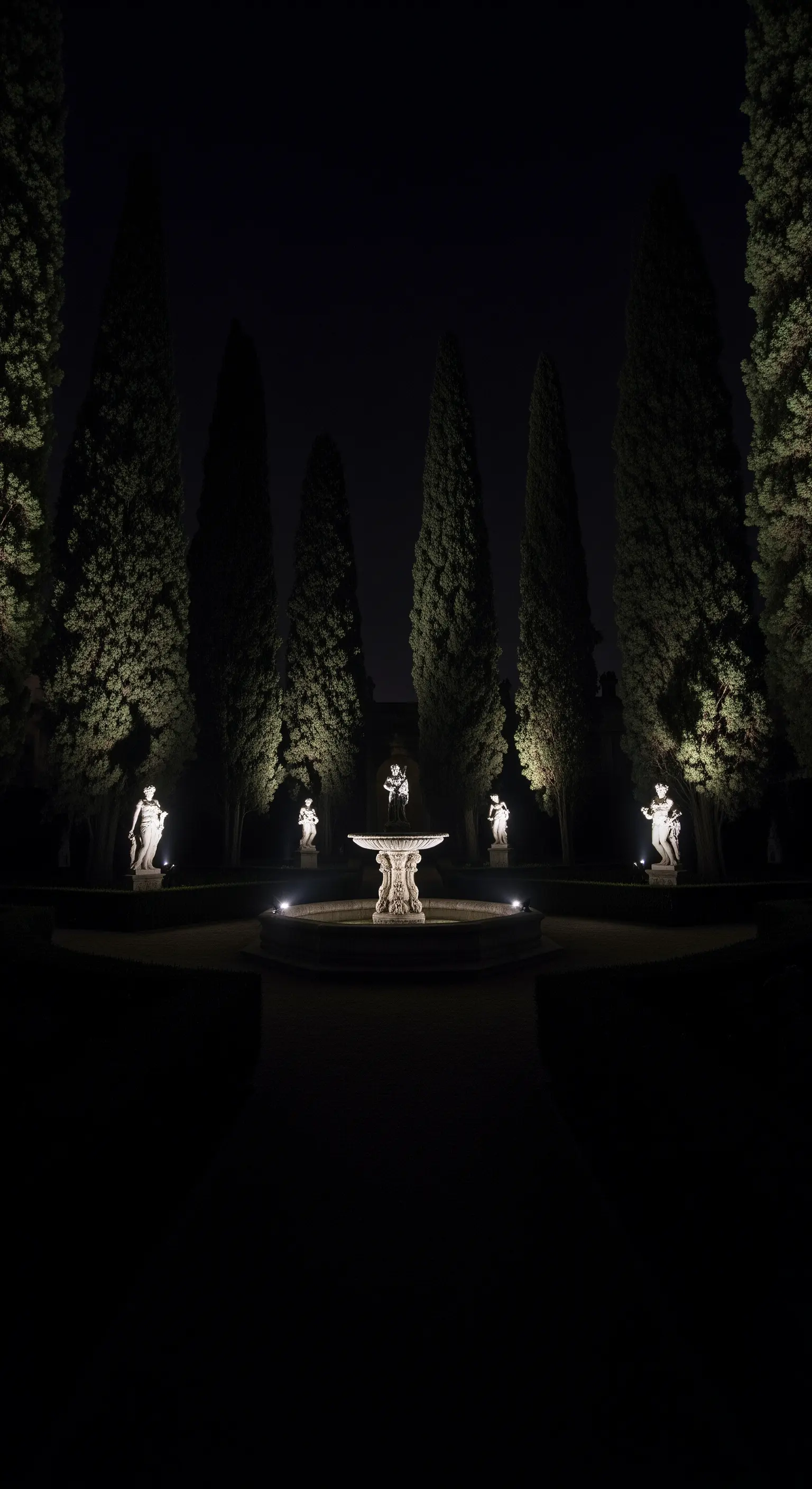 Giardino notturno con statue classiche e alti cipressi illuminati dal basso.