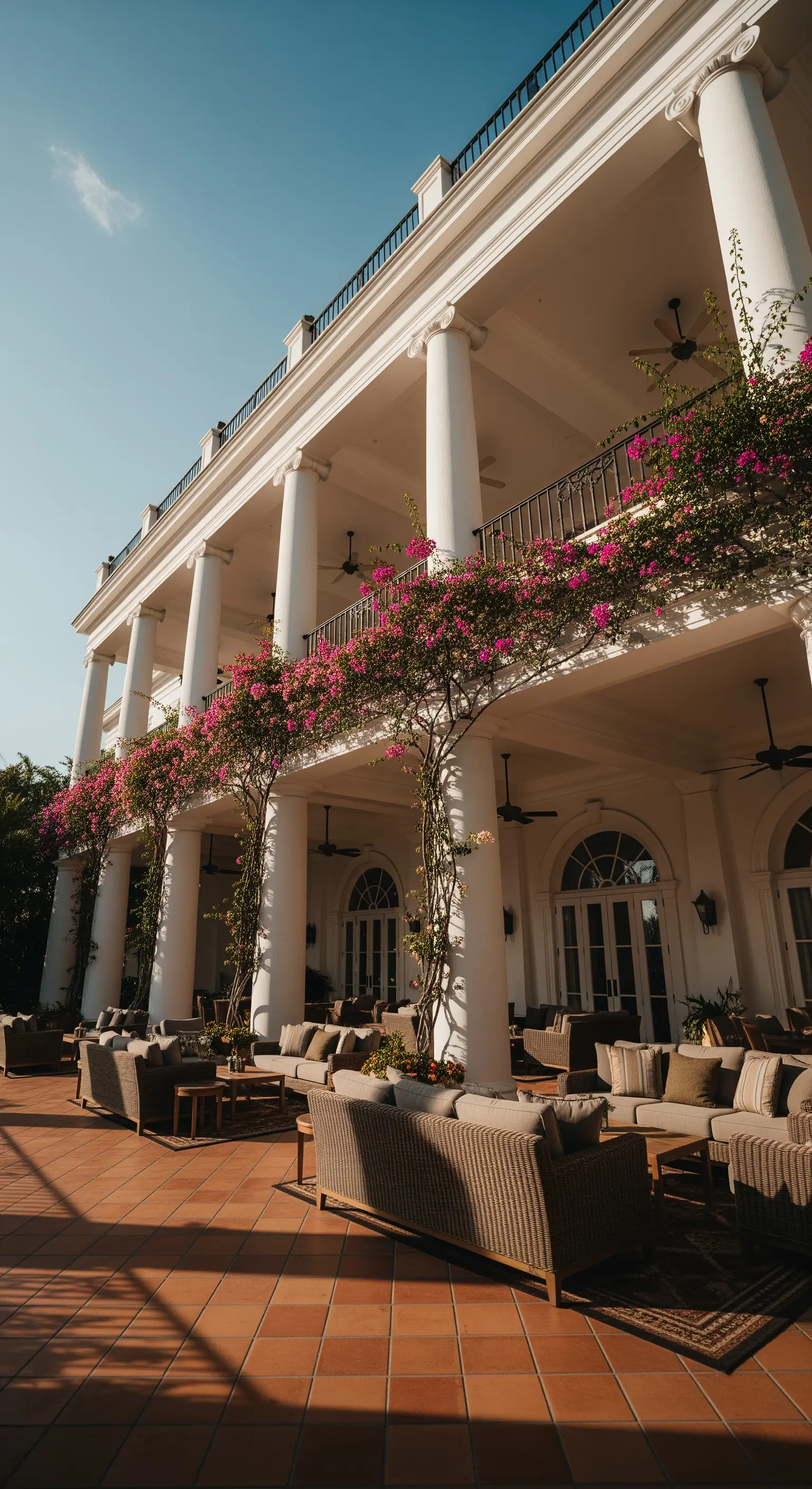 Grande portico a più livelli di una villa con diverse aree salotto e bouganville