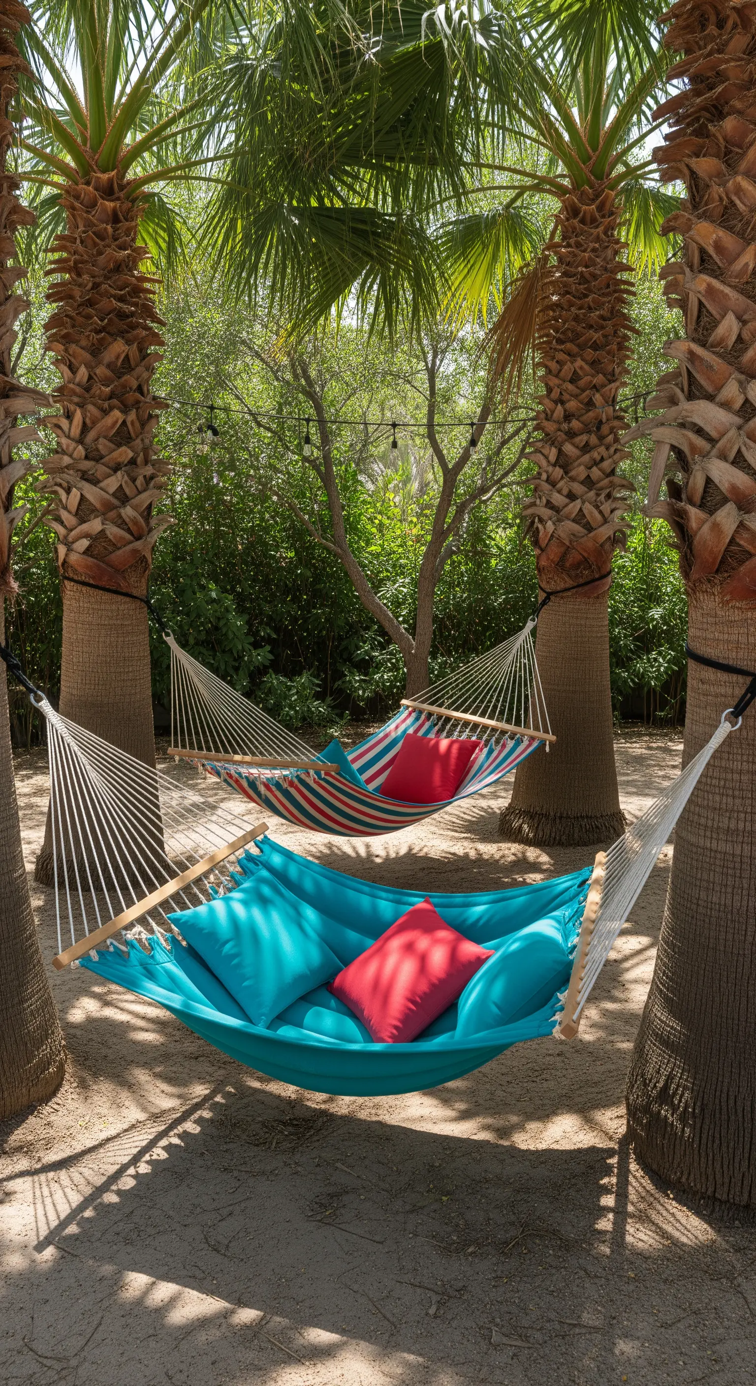 Due amache colorate, una turchese e una a righe, appese tra grandi palme.