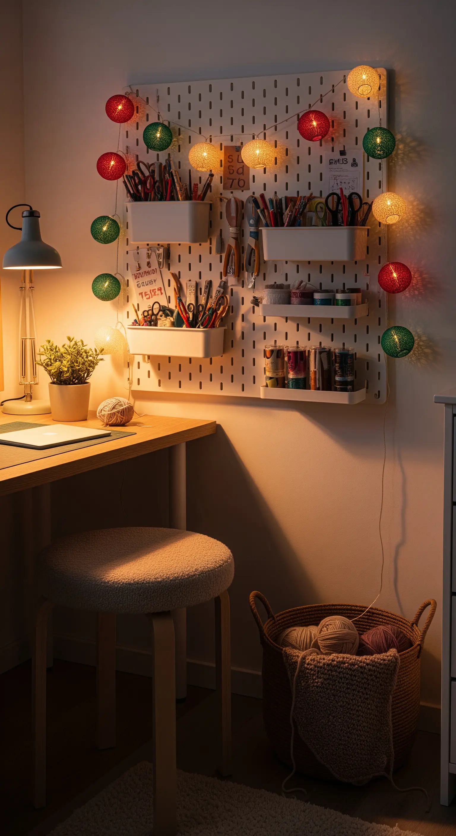 Scrivania con bacheca forata organizzata, decorata con una stringa di luci colorate a gomitolo.