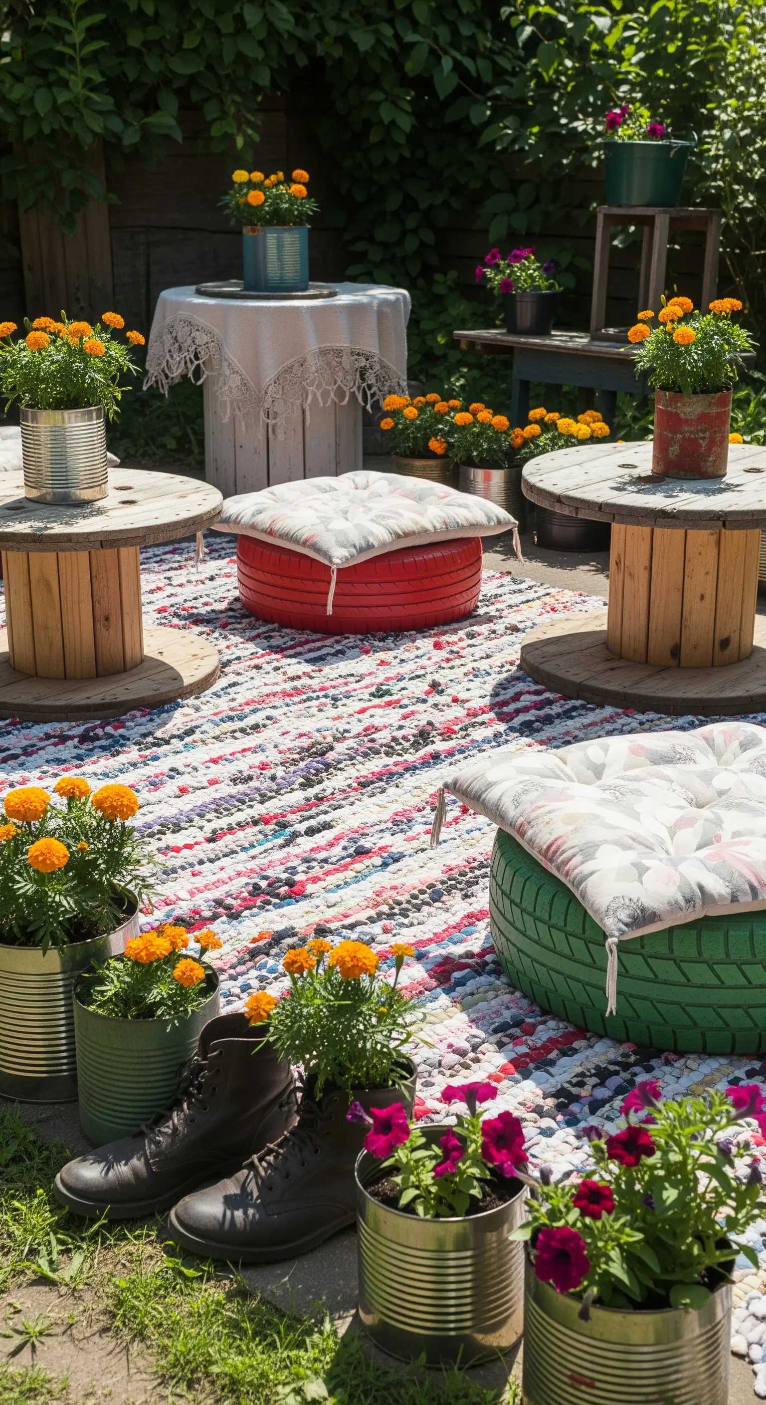 Giardino con arredi fai-da-te: pouf fatti con pneumatici, tavolini a bobina e un tappeto patchwork.